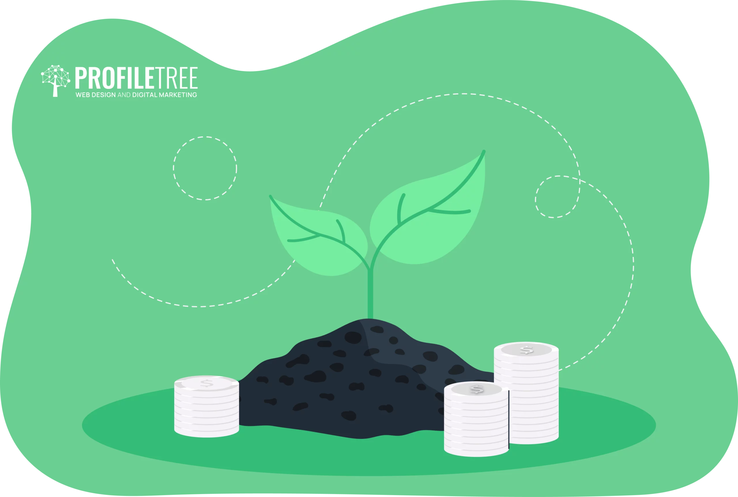 Illustration of a sprouting plant in soil, symbolizing impact investing, surrounded by stacks of coins on a green background. The text "ProfileTree Web Design and Digital Marketing" is elegantly positioned in the corner.