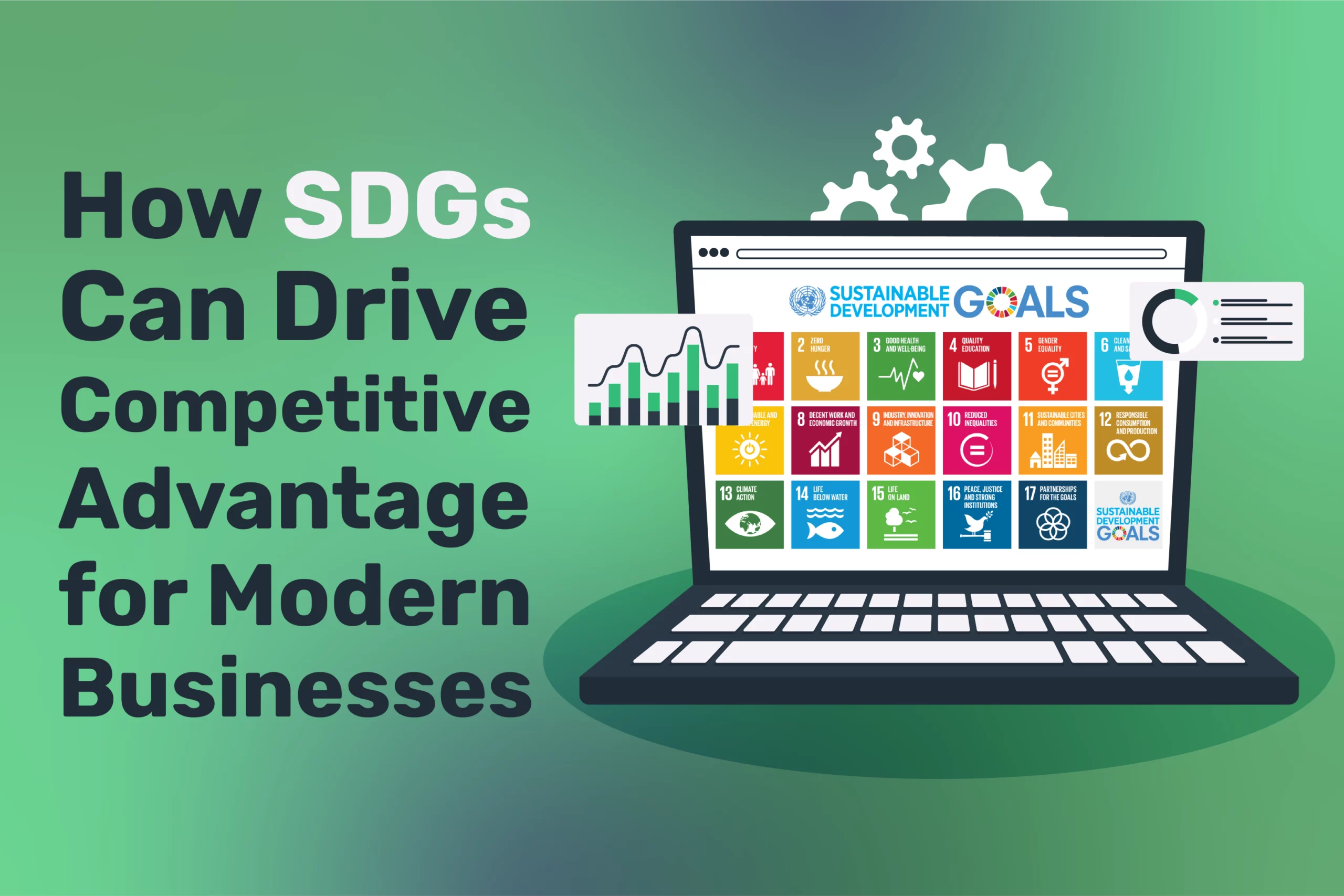 A laptop showcases vibrant icons of the SDGs with gears hovering above. Beside it, the text declares, "How SDGs Can Drive Competitive Advantage for Modern Businesses.