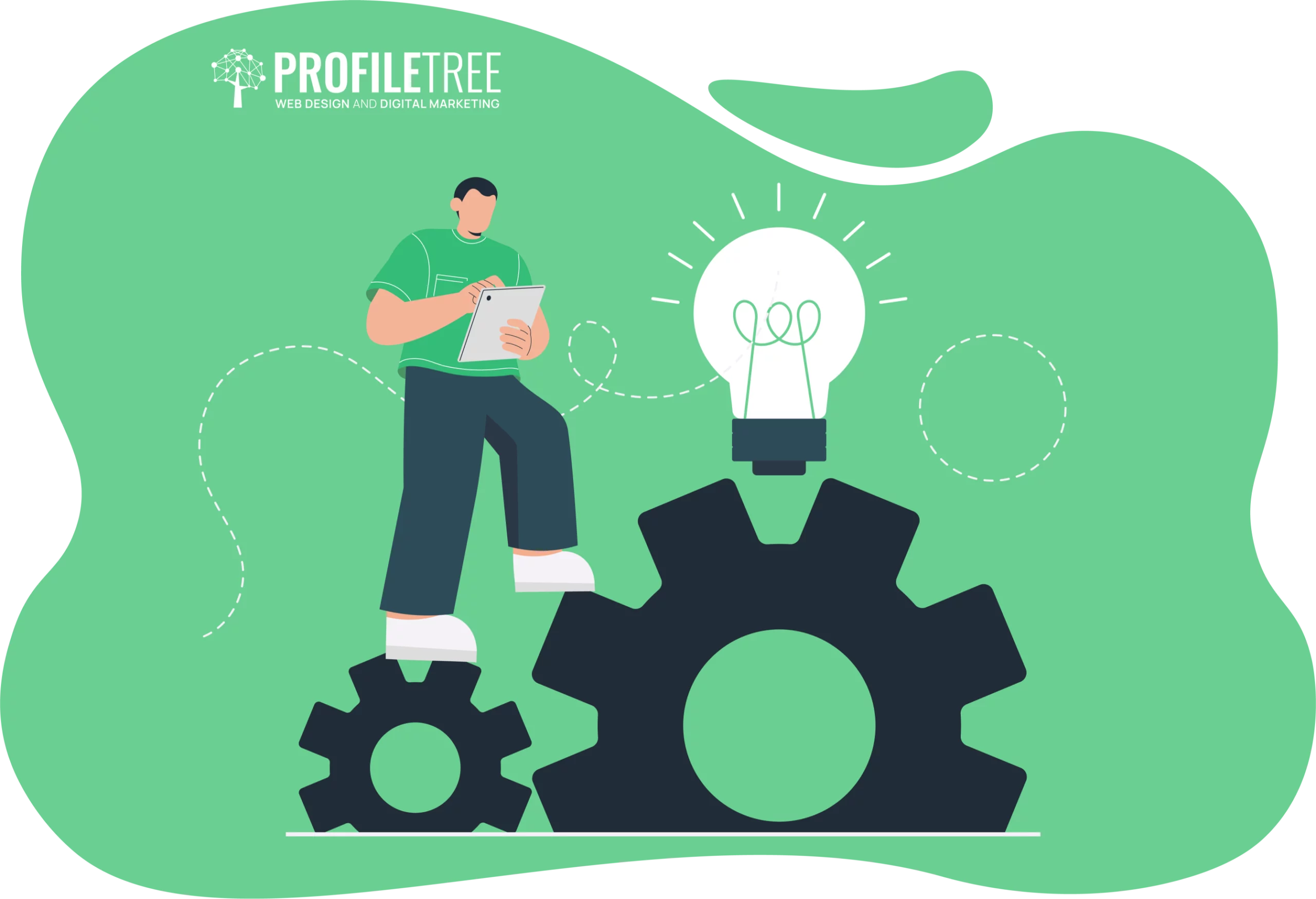 Illustration of a person standing on a cogwheel with a tablet, embodying upskilling. A glowing lightbulb illuminates above a larger cogwheel, symbolizing creativity and innovation.