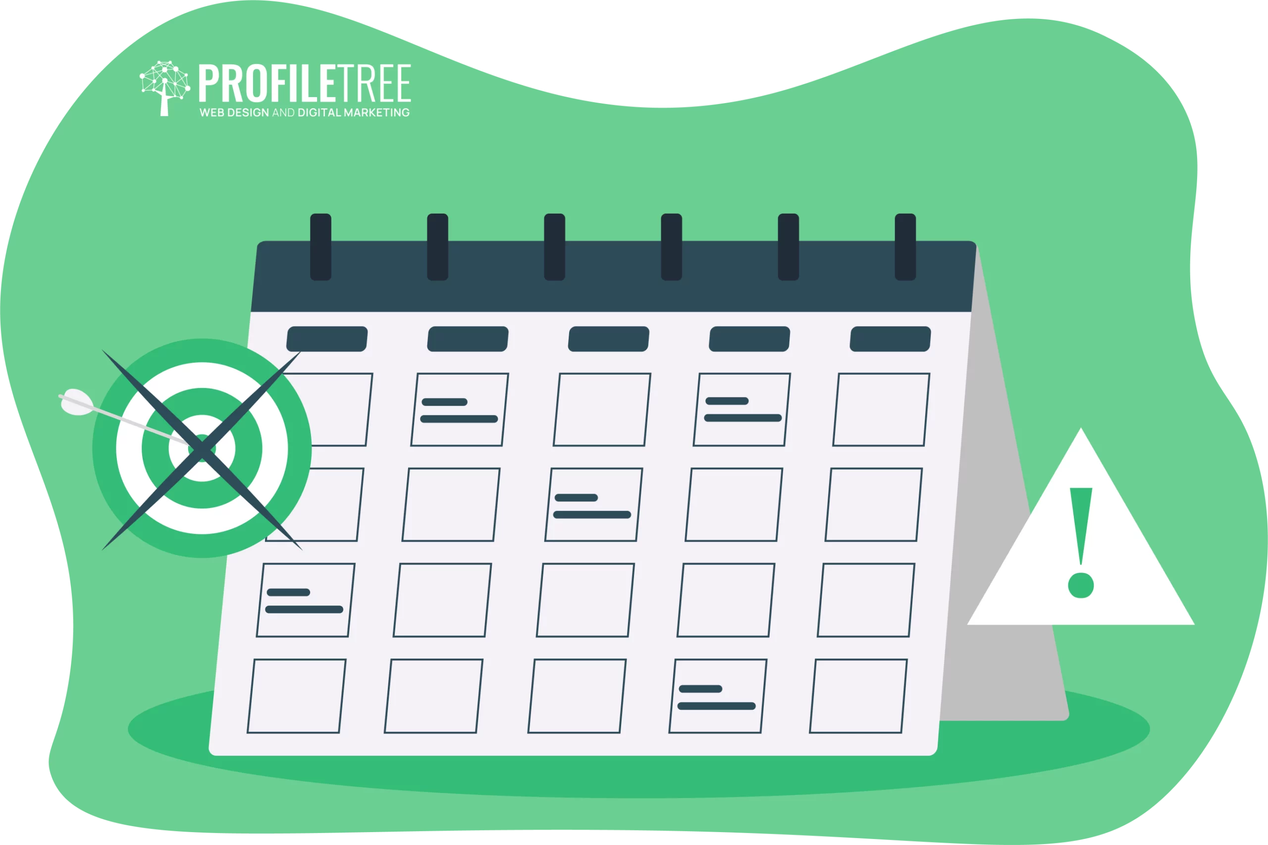 Illustration of a calendar with a target and exclamation point icon, capturing the essence of business planning concepts. Perfect for showcasing organization and strategy, essential elements for small businesses seeking effective scheduling solutions.