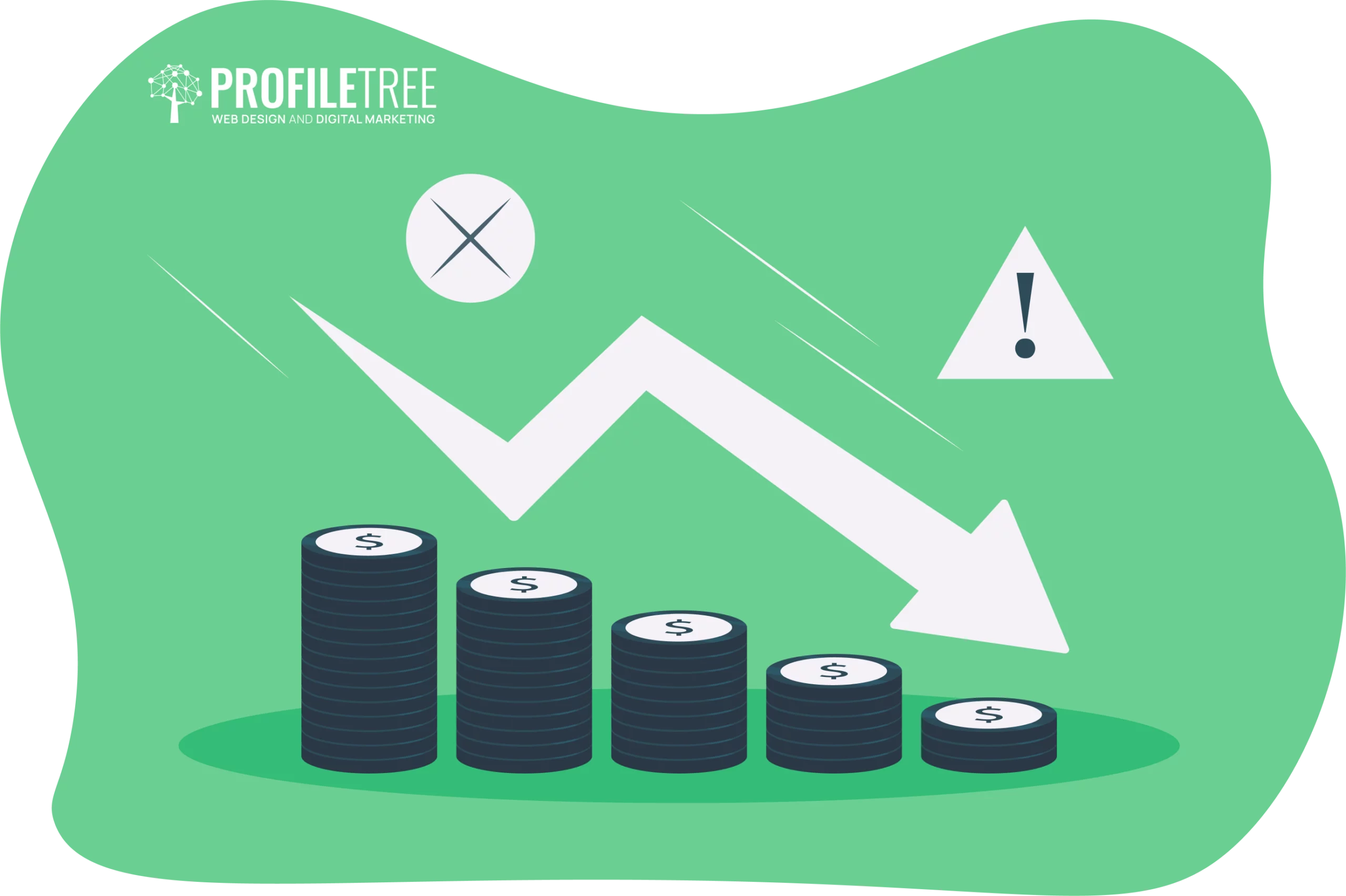 Graphical depiction of a descending white arrow over decreasing stacks of coins, highlighting business failures. The "ProfileTree" logo is present in the top left corner on a green background, emphasizing insights for small businesses.