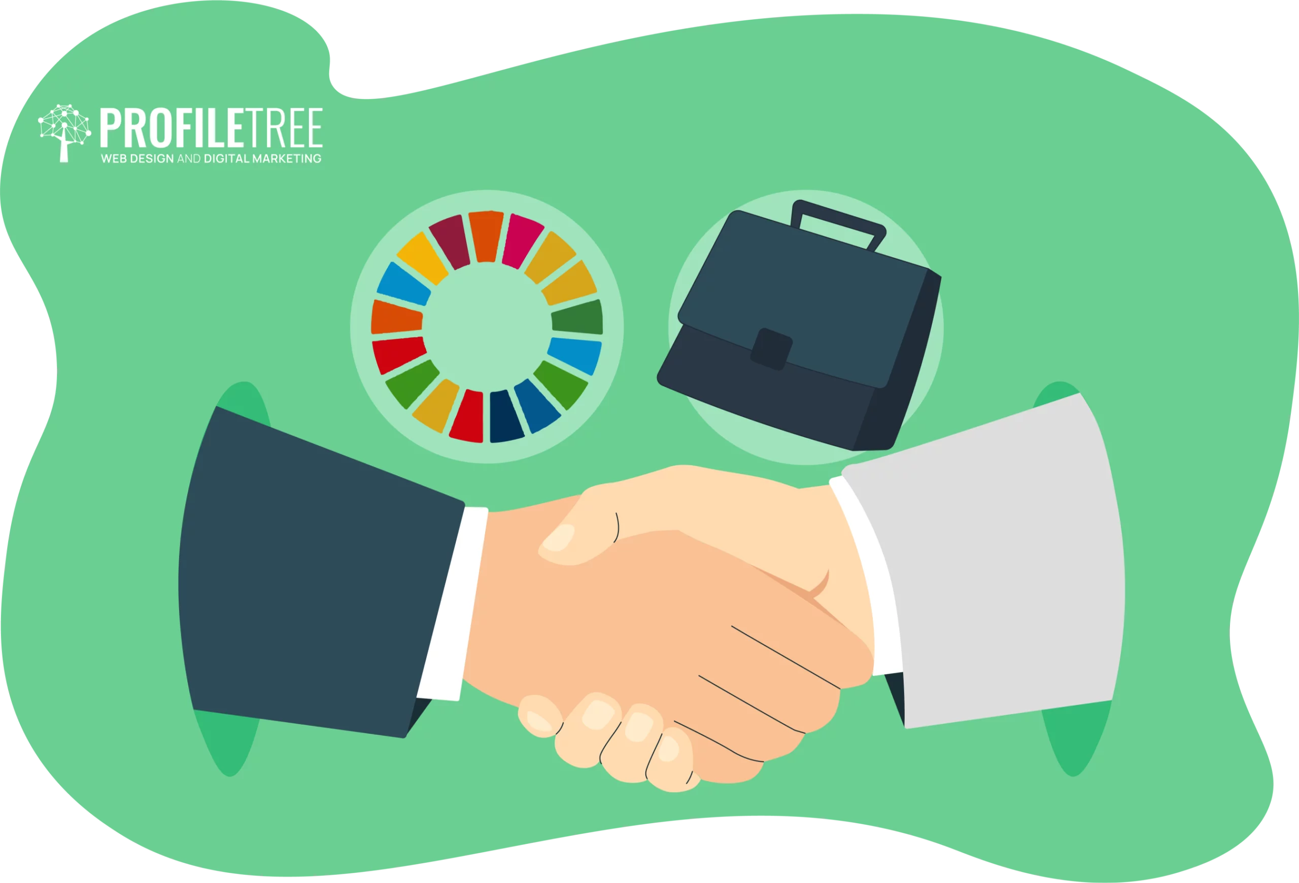 Two hands shaking in front of a briefcase and a circle of multicolored segments, symbolizing NGO-Business Partnerships for SDGs, with the "ProfileTree" logo at the top left. Green background.