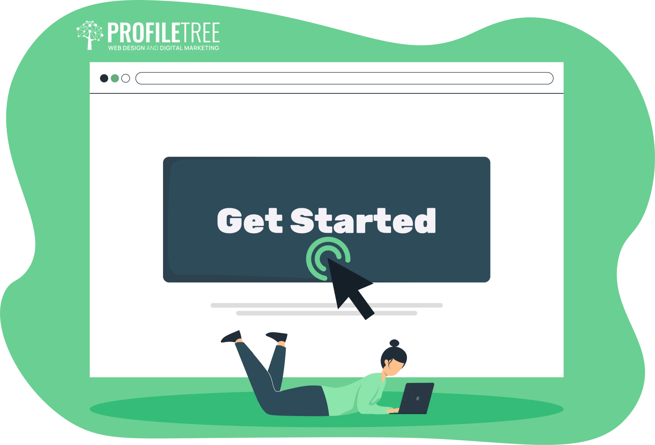 Illustration of a person using a laptop, lying on their stomach, with a large web page prominently displaying CTA buttons and a mouse pointer clicking the "Get Started" button.
