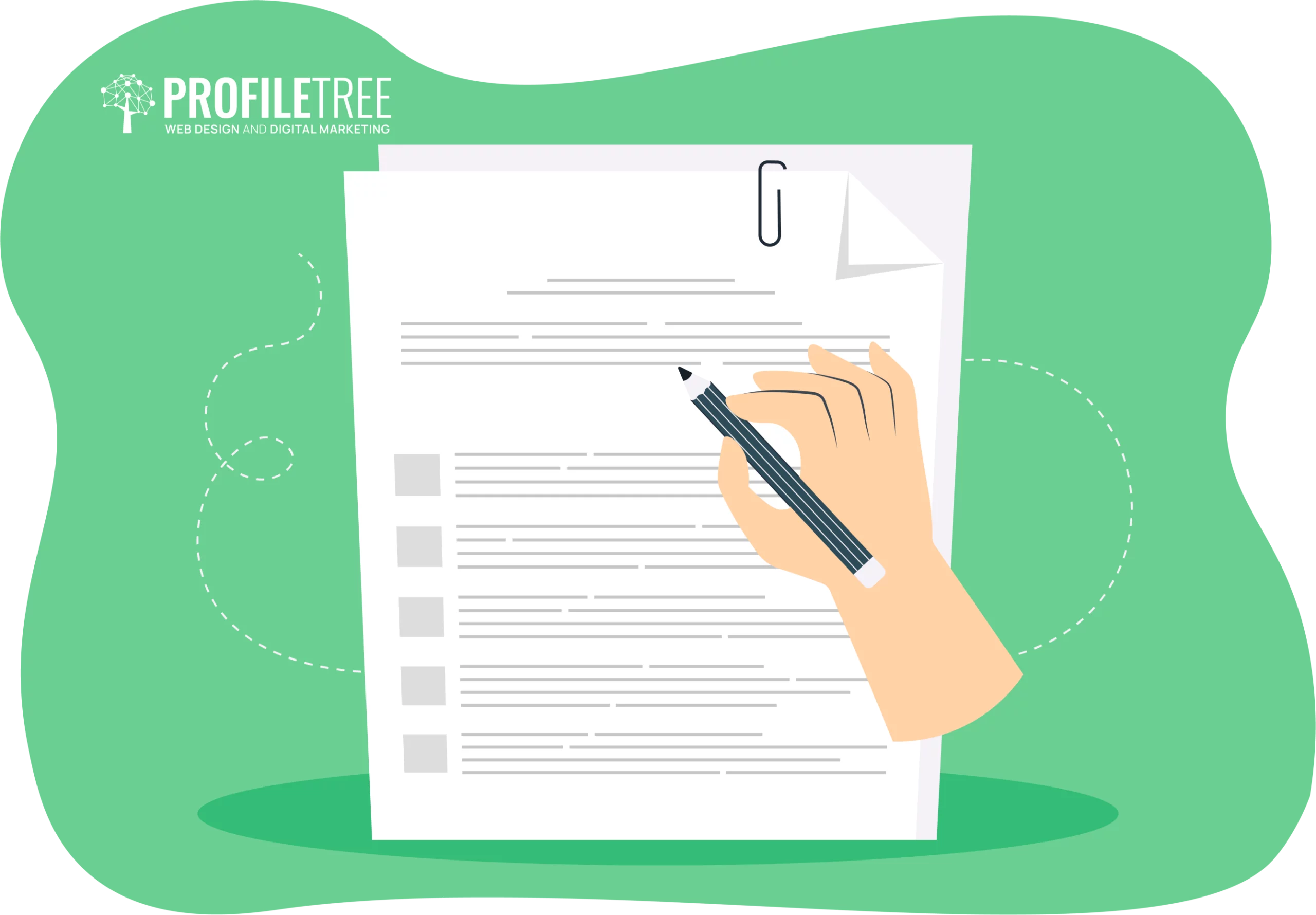 Illustration of a hand holding a pen, crafting a professional bio on a checklist against a green background, with the "ProfileTree" logo in the corner.