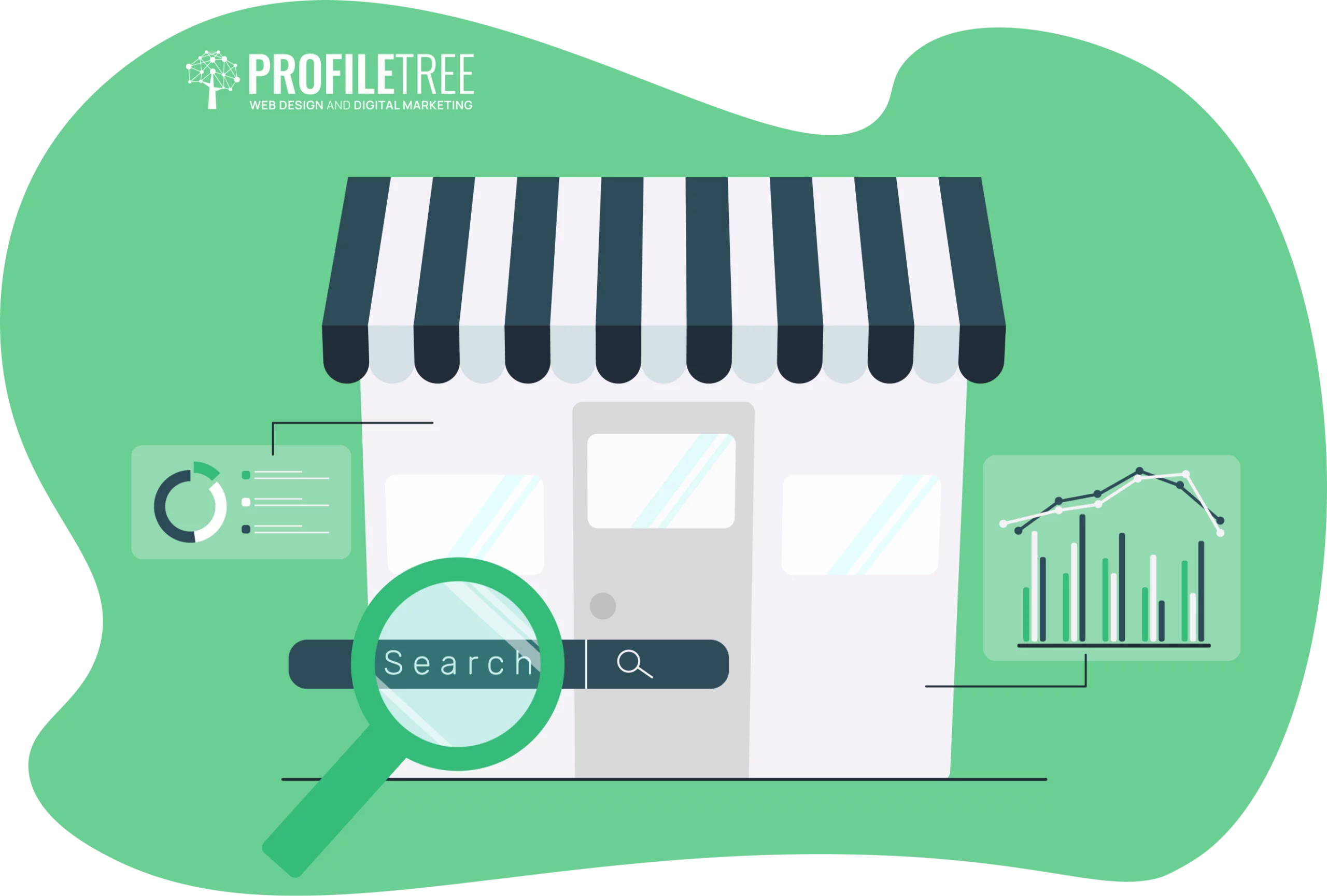 Illustration of a storefront with digital search and analytics icons, highlighting online presence and SEO tools for small businesses in marketing.