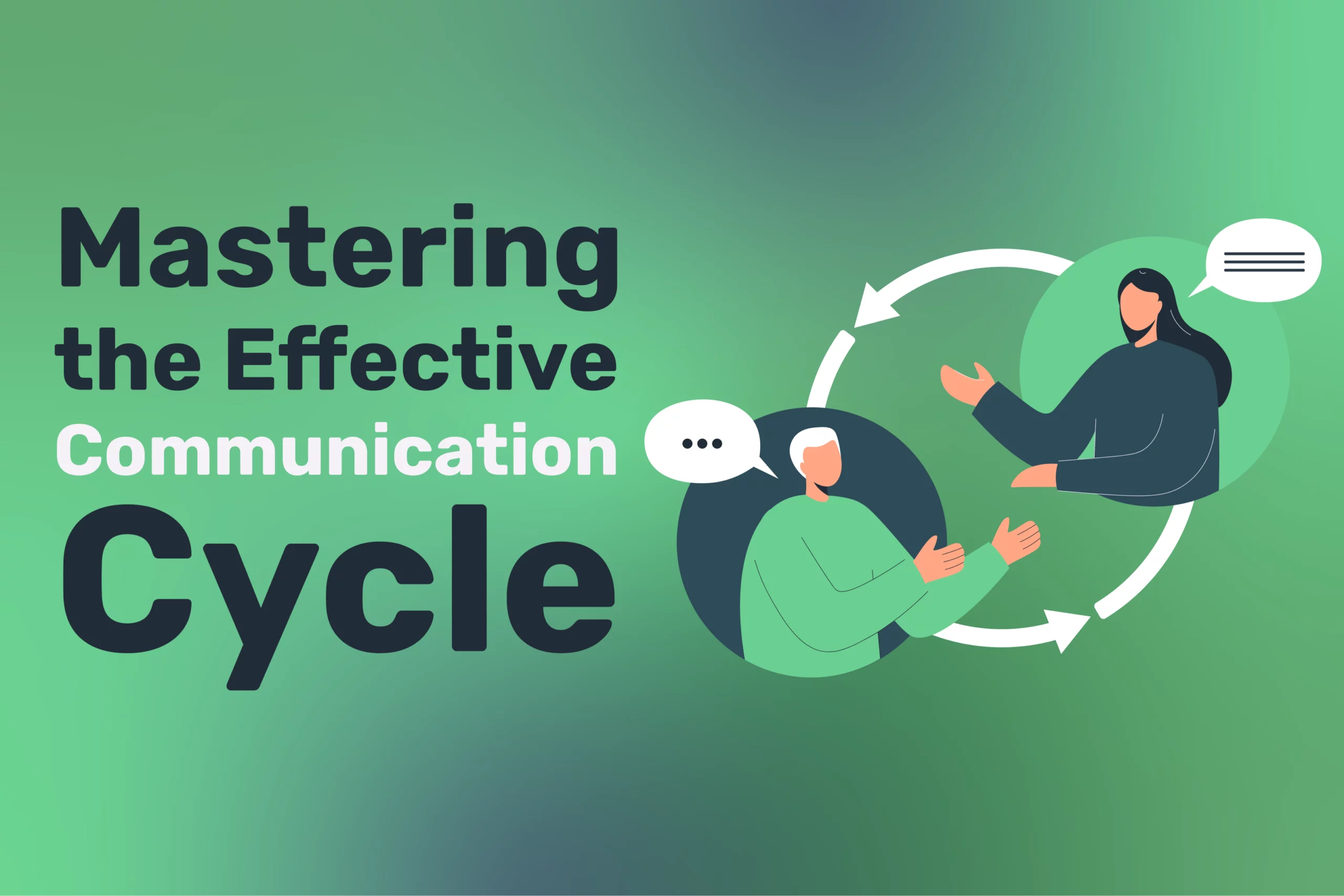 Illustration of two people engaging in the communication cycle, exchanging dialogue, with text "Mastering Effective Communication" on a green gradient background.