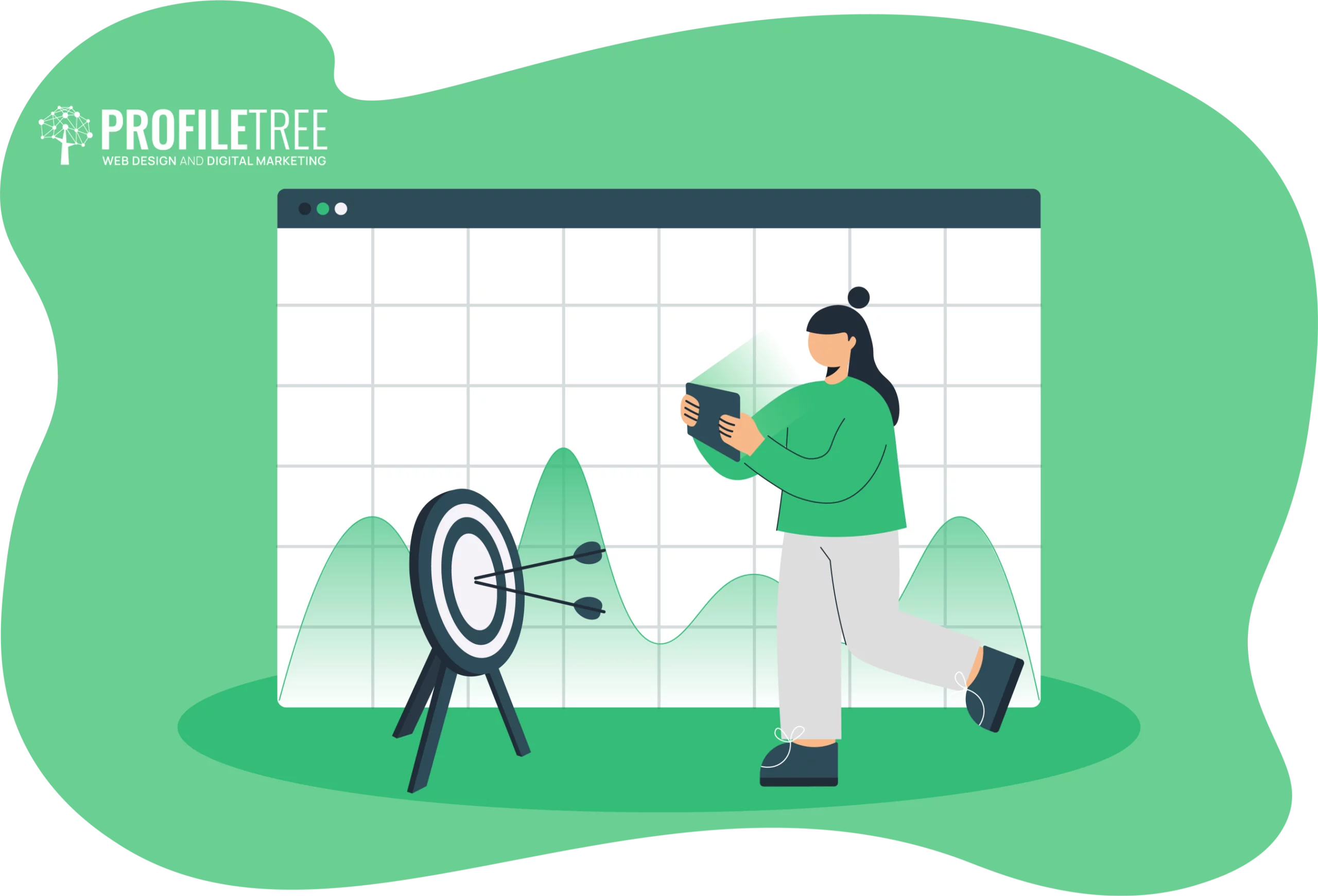 Illustration of a person using a tablet in front of a large graph with upward trends, highlighting sustainability efforts, next to a target with arrows. Profil tree logo in the corner showcases NGO-business partnerships for advancing the SDGs.