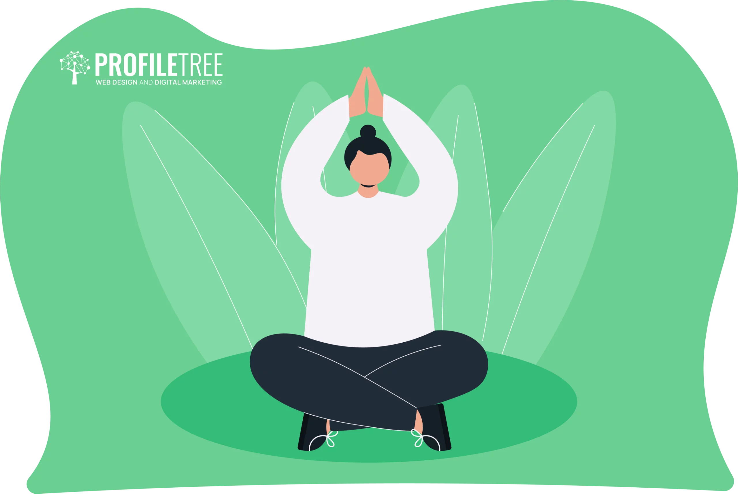 Illustration of a person meditating in a seated yoga pose, hands above head, on a green background with leaf shapes. This serene image inspires viewers to break free from feeling stuck in a rut and find tranquility.