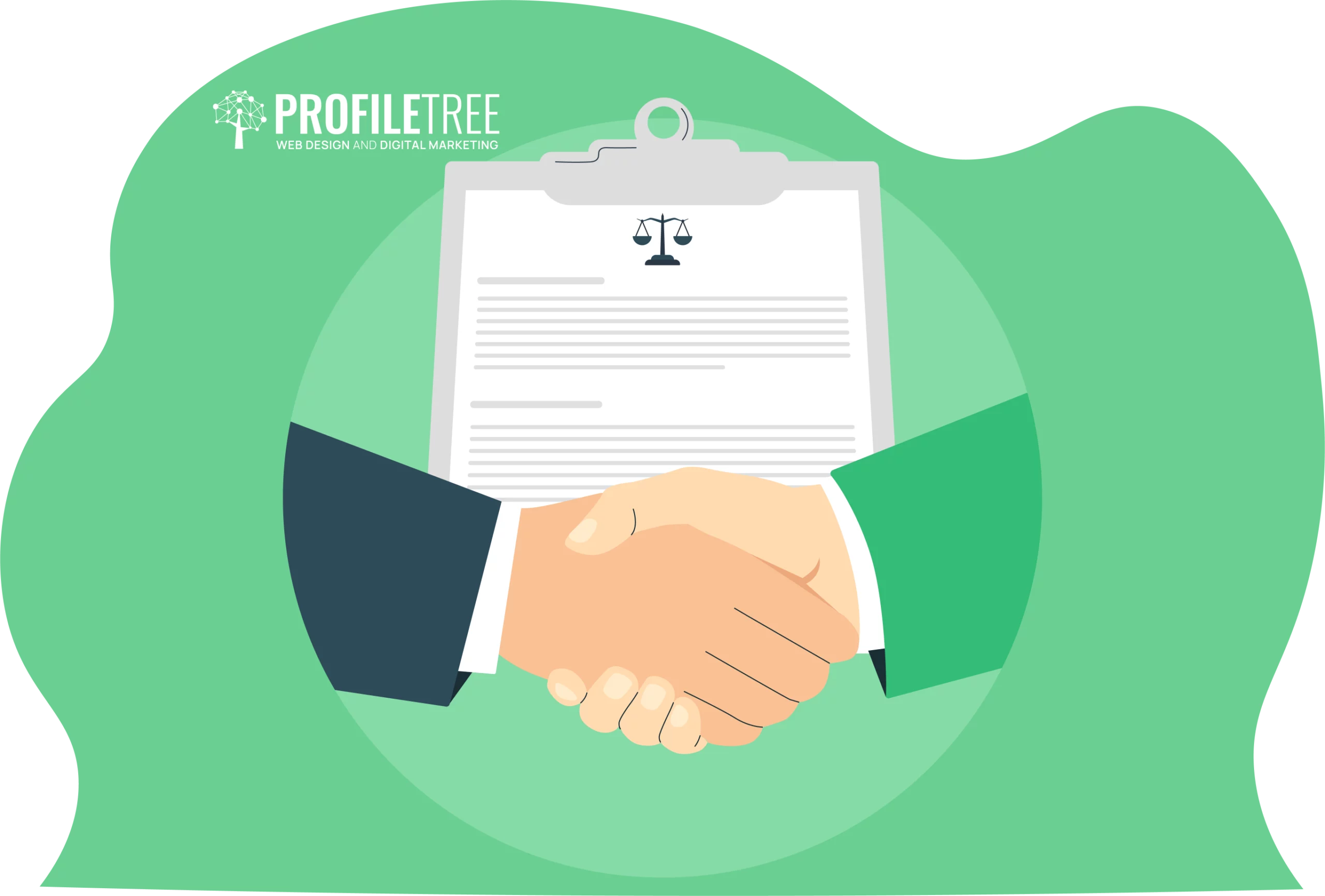 Illustration of a handshake symbolizing partnerships in front of a clipboard with a legal scales icon, set against a green background featuring the "ProfileTree" logo.