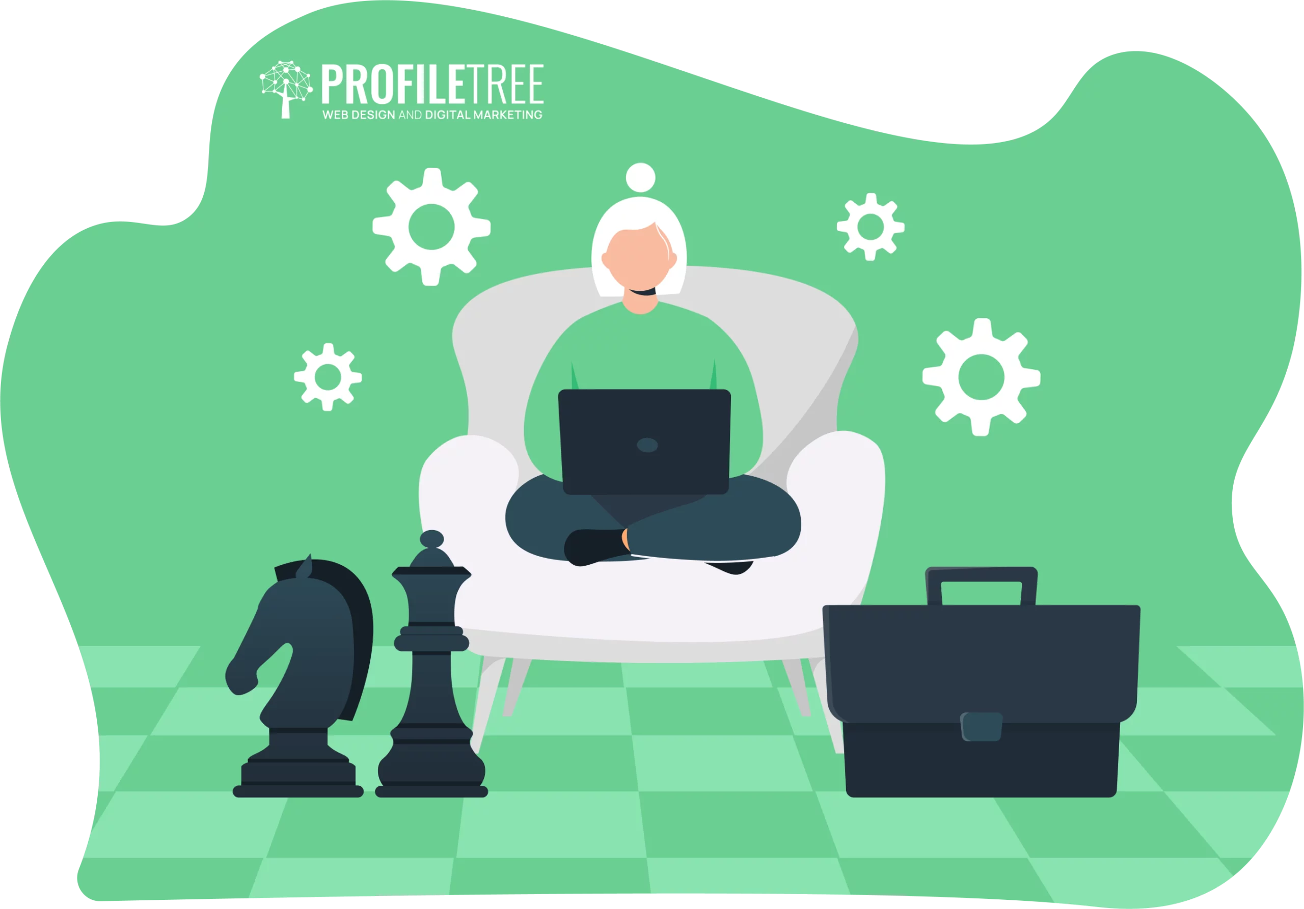 A person sits on a chair using a laptop, surrounded by gears, chess pieces, and a briefcase against a green backdrop, symbolizing strategic thinking and innovation aligned with the SDGs.