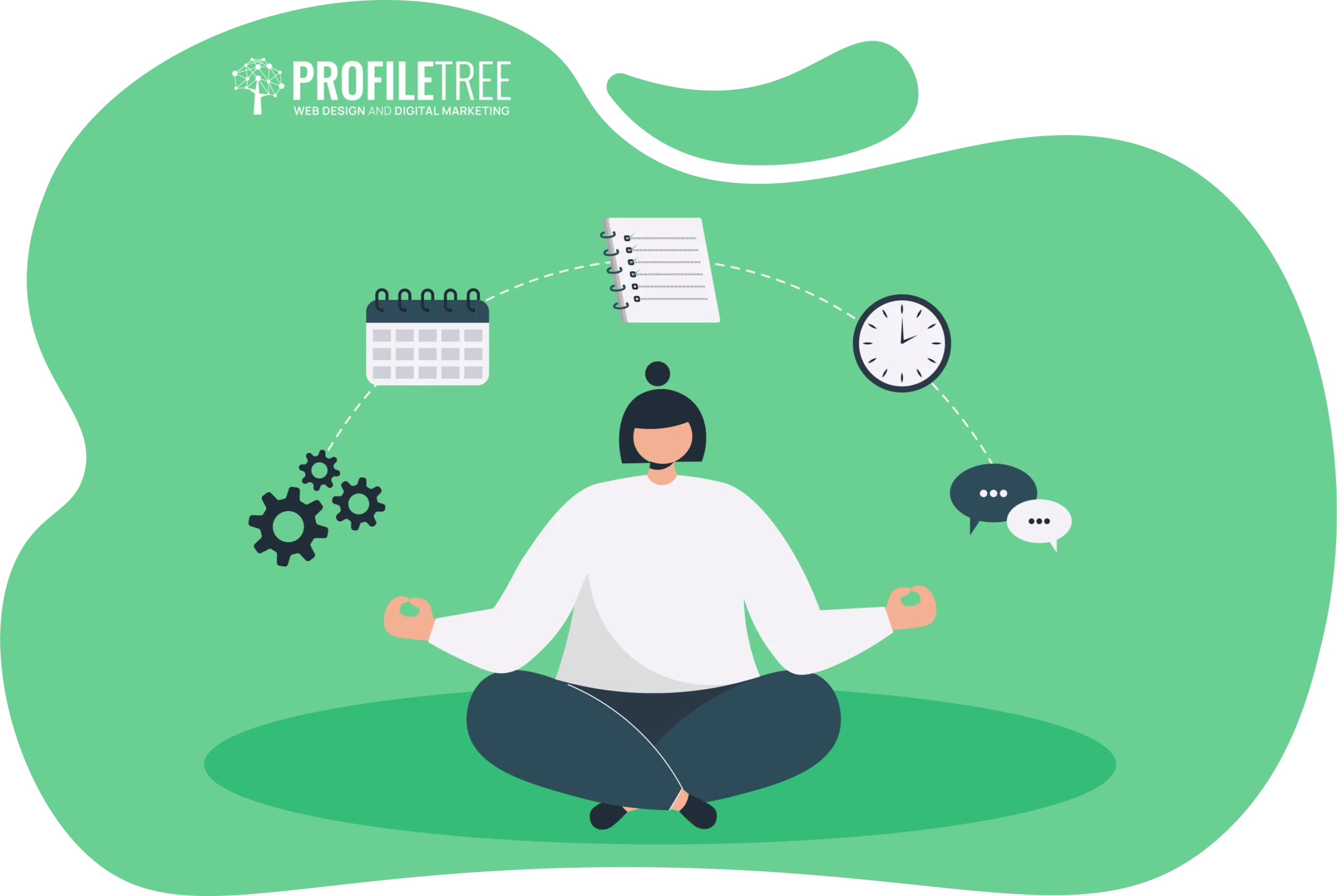 A person meditating is encircled by icons of a calendar, clock, gears, notepad, and speech bubbles, symbolizing the harmony between productivity and relaxation through effective time management.
