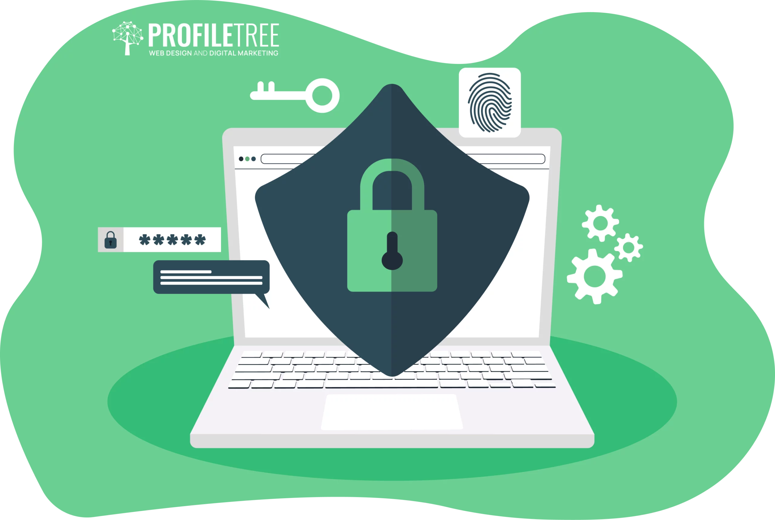 Illustration of a laptop displaying a shield and padlock, surrounded by security symbols such as a fingerprint, password, and gears, emphasizing robust security practices. Branding reads "ProfileTree Web Design and Digital Marketing.