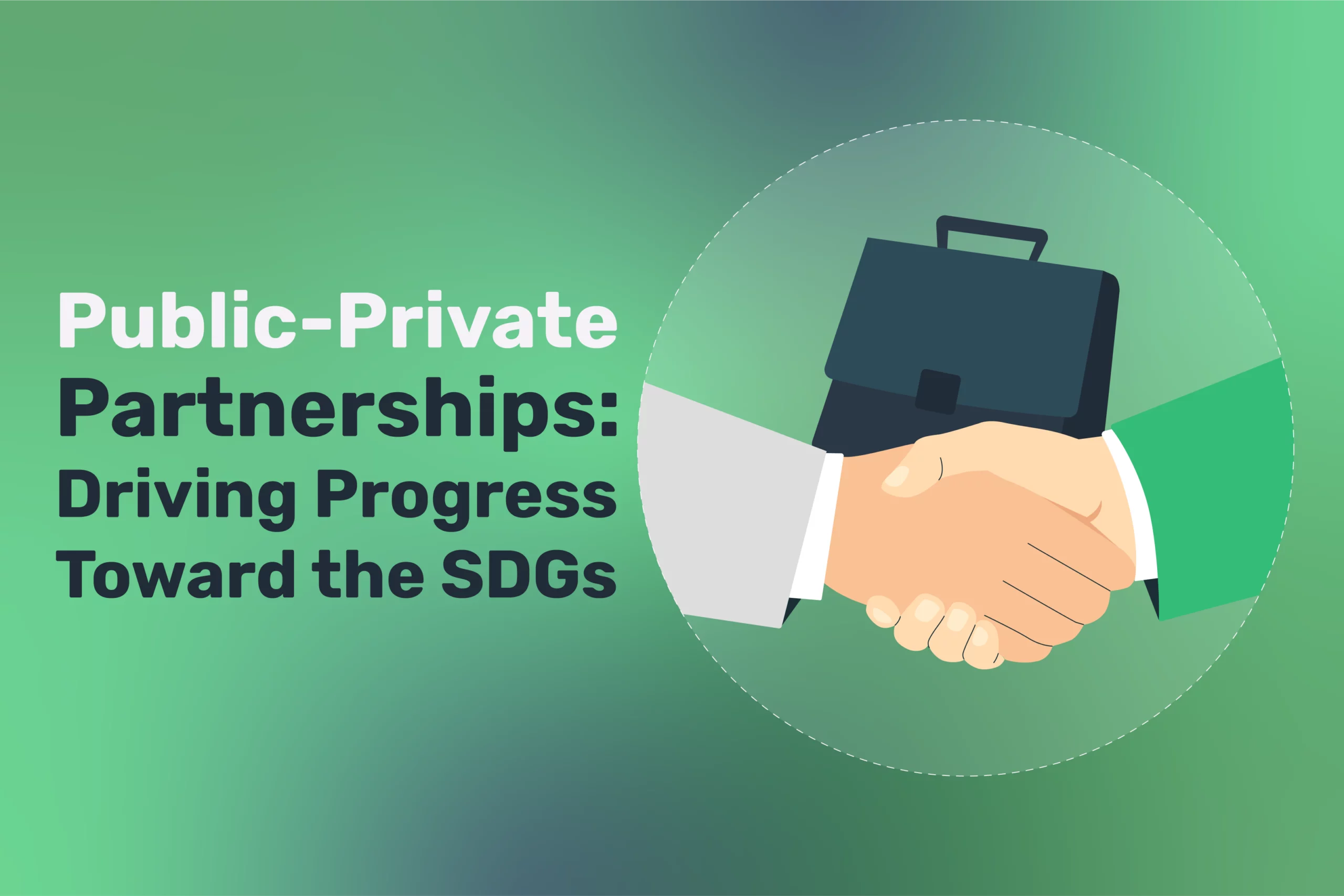 Illustration of a handshake and briefcase beside text: "Partnerships: Driving Progress Toward the SDGs" on a green gradient background.