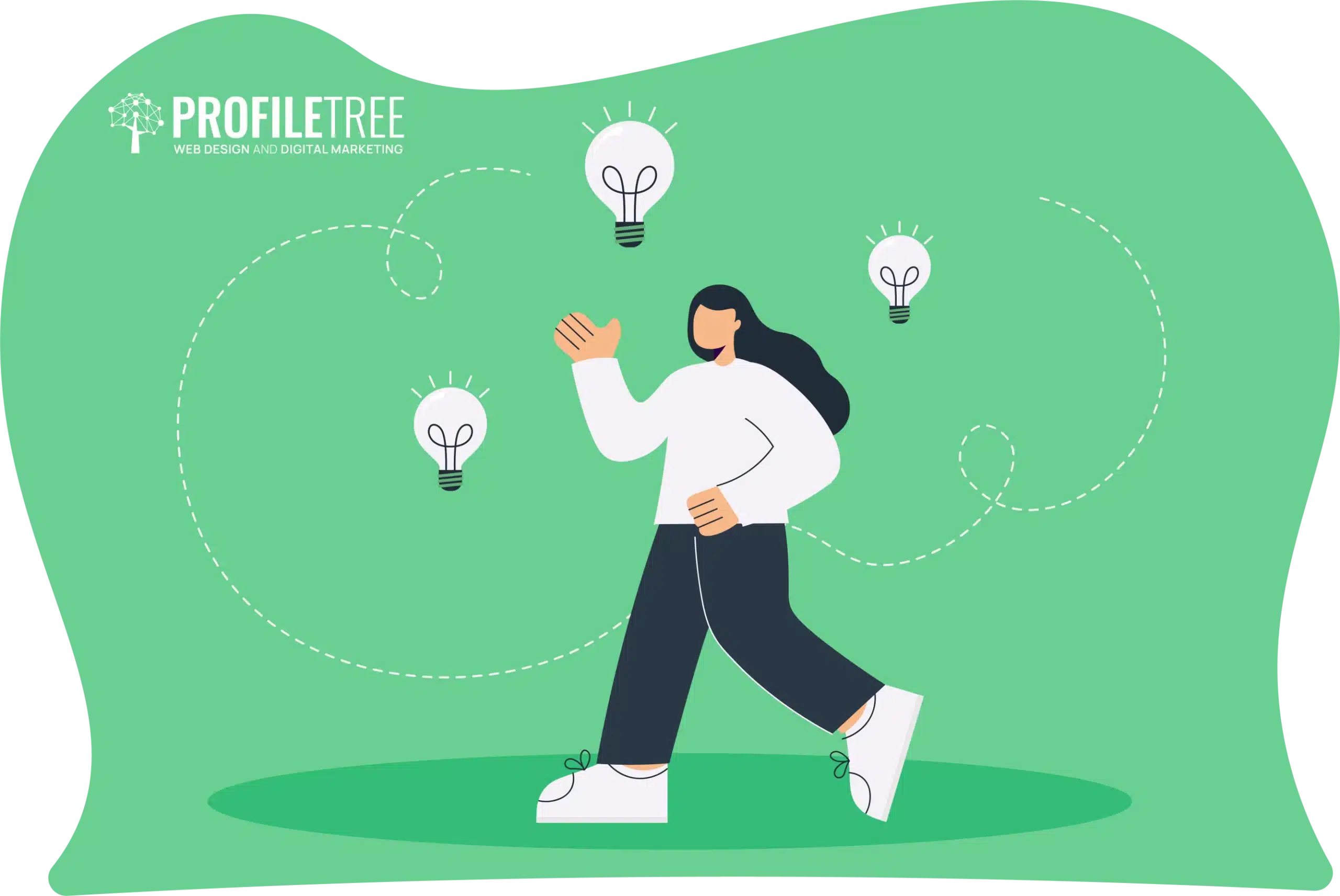 An illustration depicts a person walking amidst floating lightbulbs on a green backdrop, symbolizing the spark to break free from monotony. "Profile Tree" graces the top left corner with a tree icon.