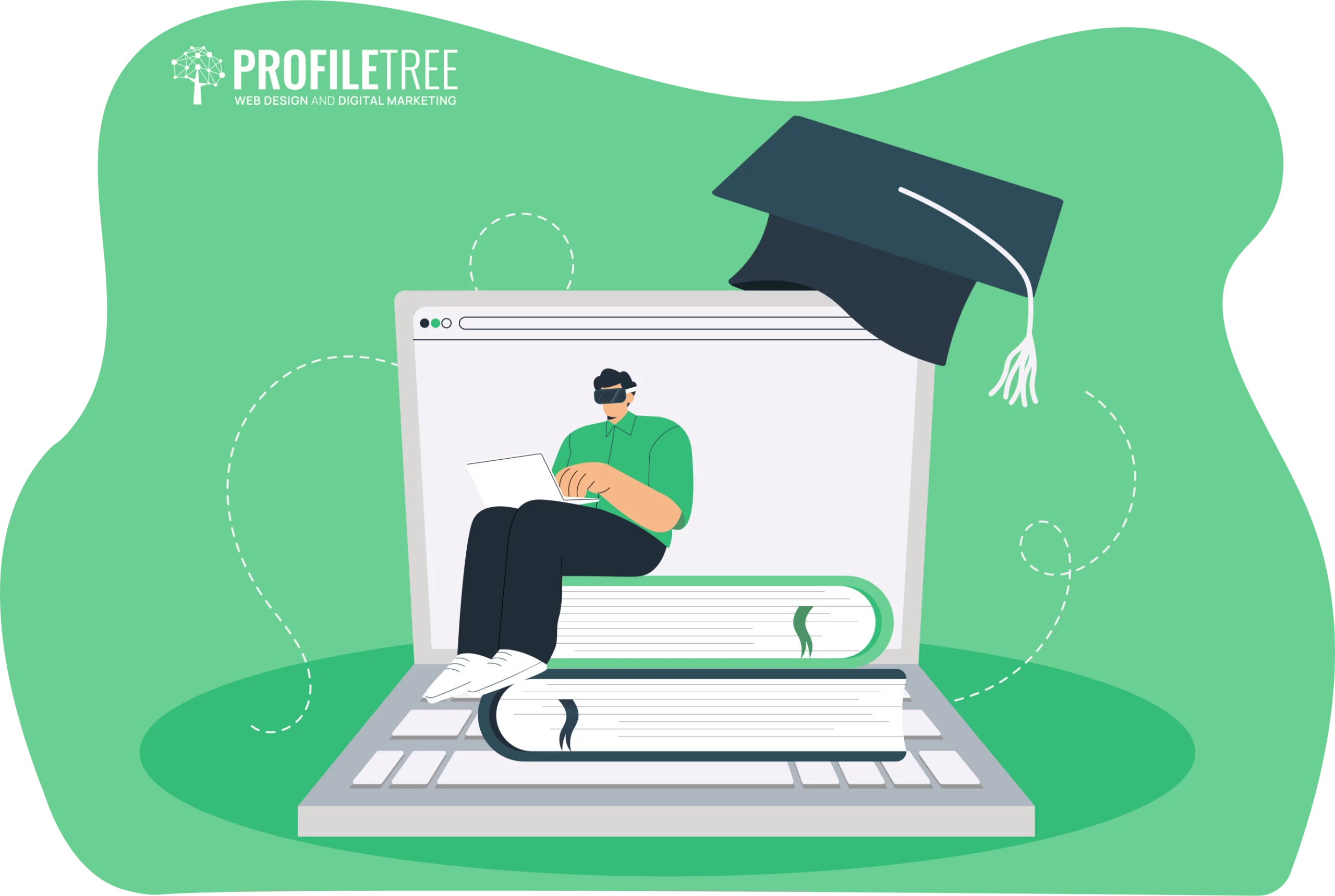 Illustration of a person with a VR headset, immersed in the metaverse while sitting on books atop a laptop, with a graduation cap floating above, all against a green background.
