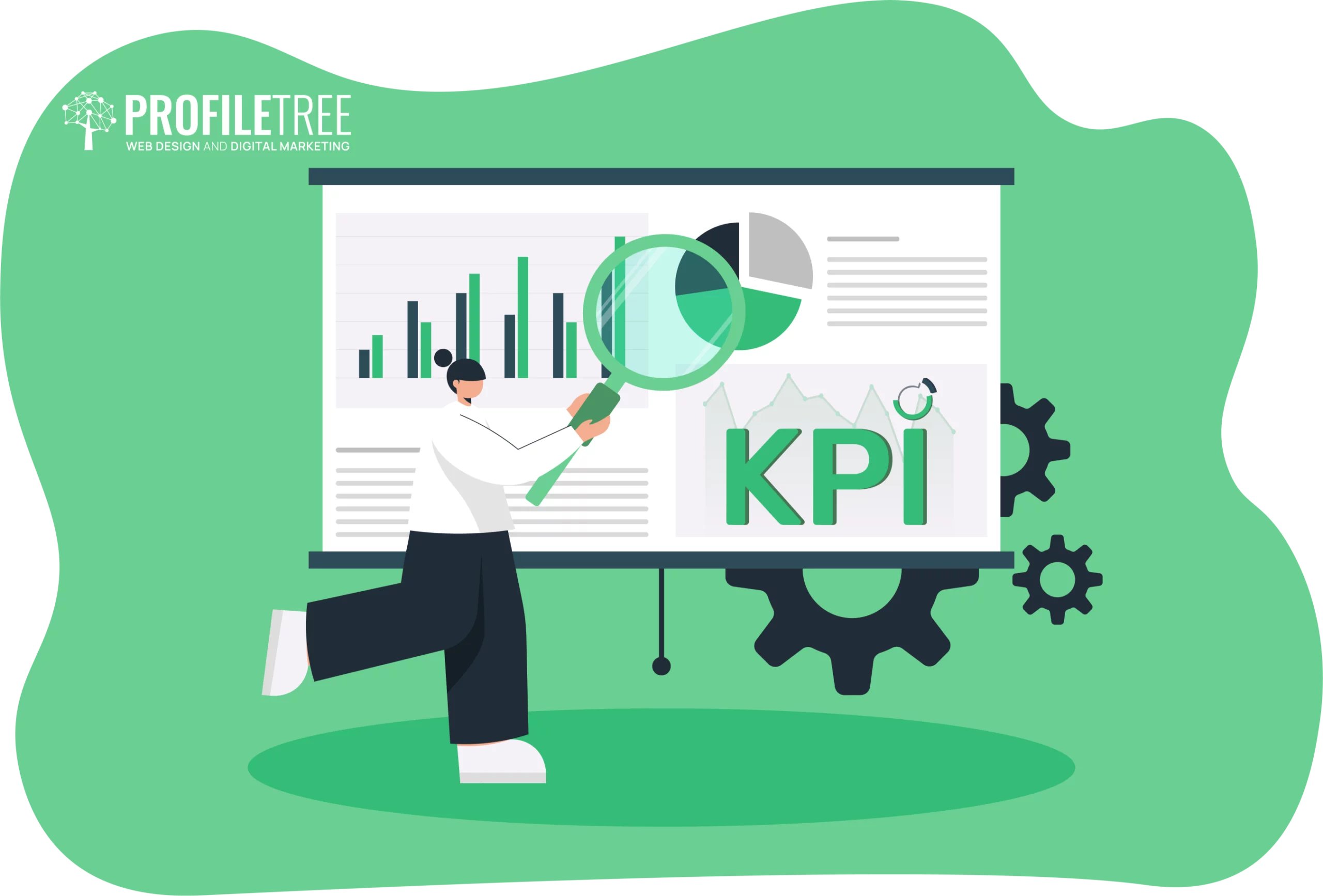 Illustration of a person with a magnifying glass examining a KPI dashboard displaying charts, graphs, and SDG-aligned KPIs.