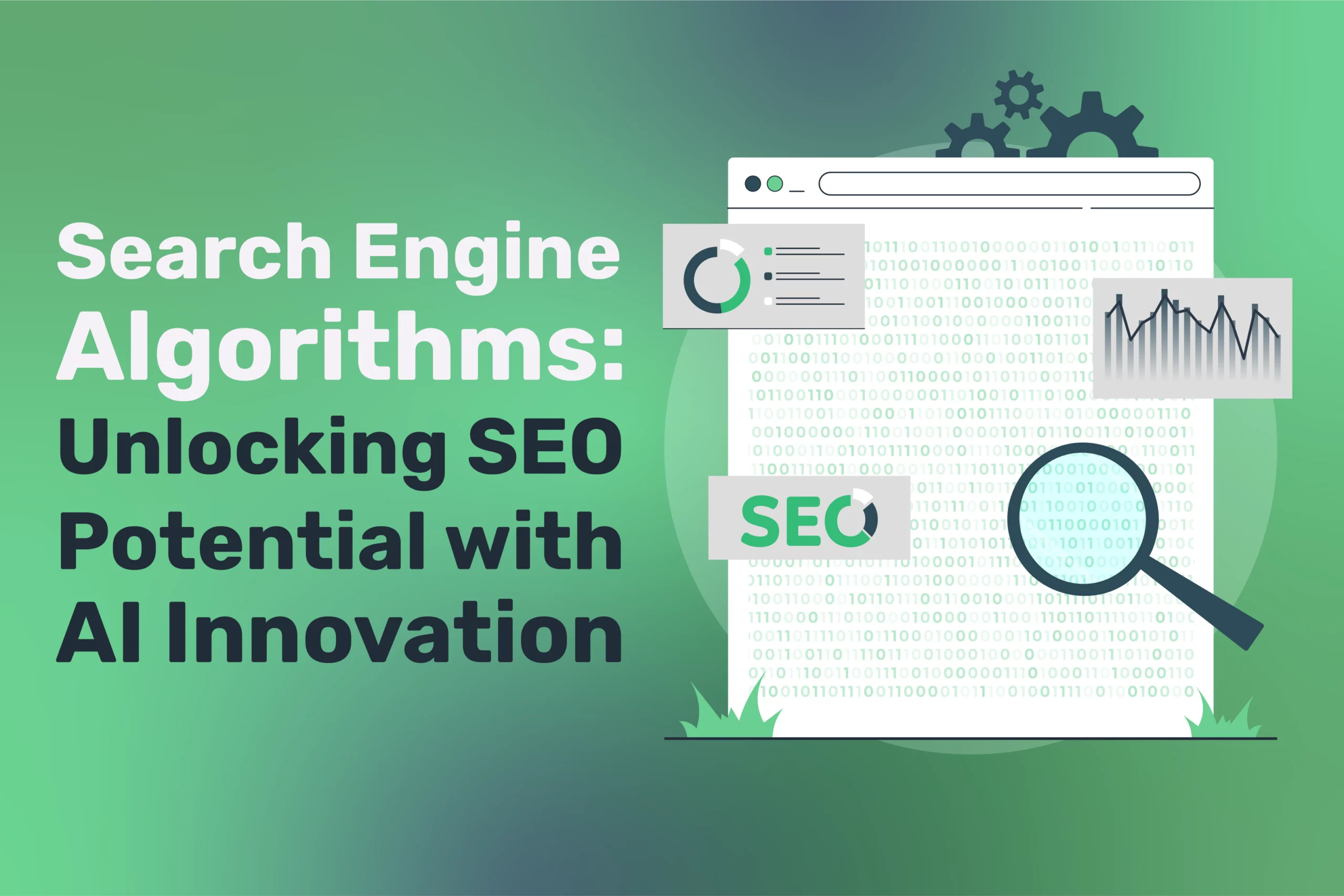 Illustration of a browser window bursting with SEO and AI graphics, featuring a magnifying glass, charts, and gears. The artful display highlights the power of search engine algorithms and the immense potential they hold for optimizing search results.