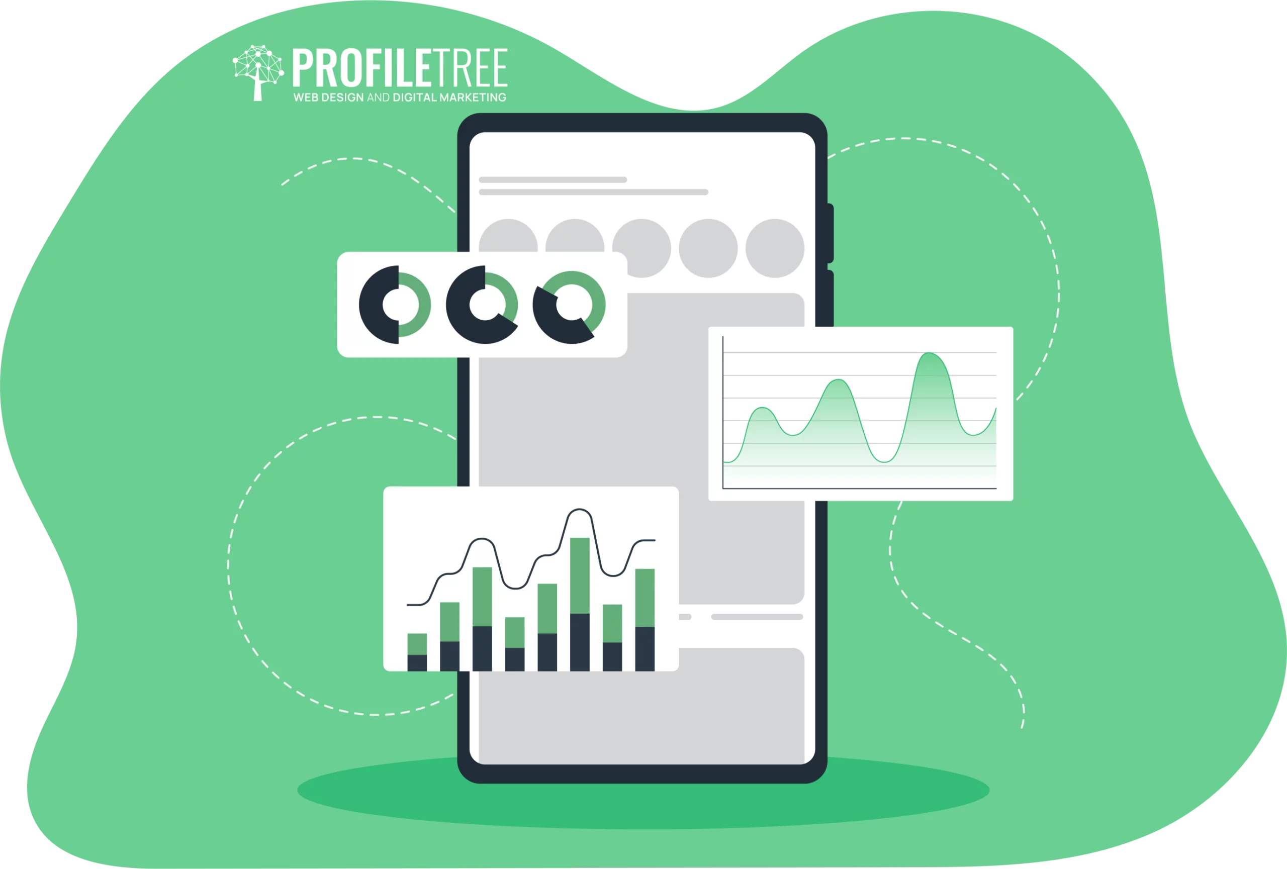 Illustration of a smartphone displaying various charts and graphs, highlighting ESG metrics, set against a green background with the "ProfileTree" logo in the corner.