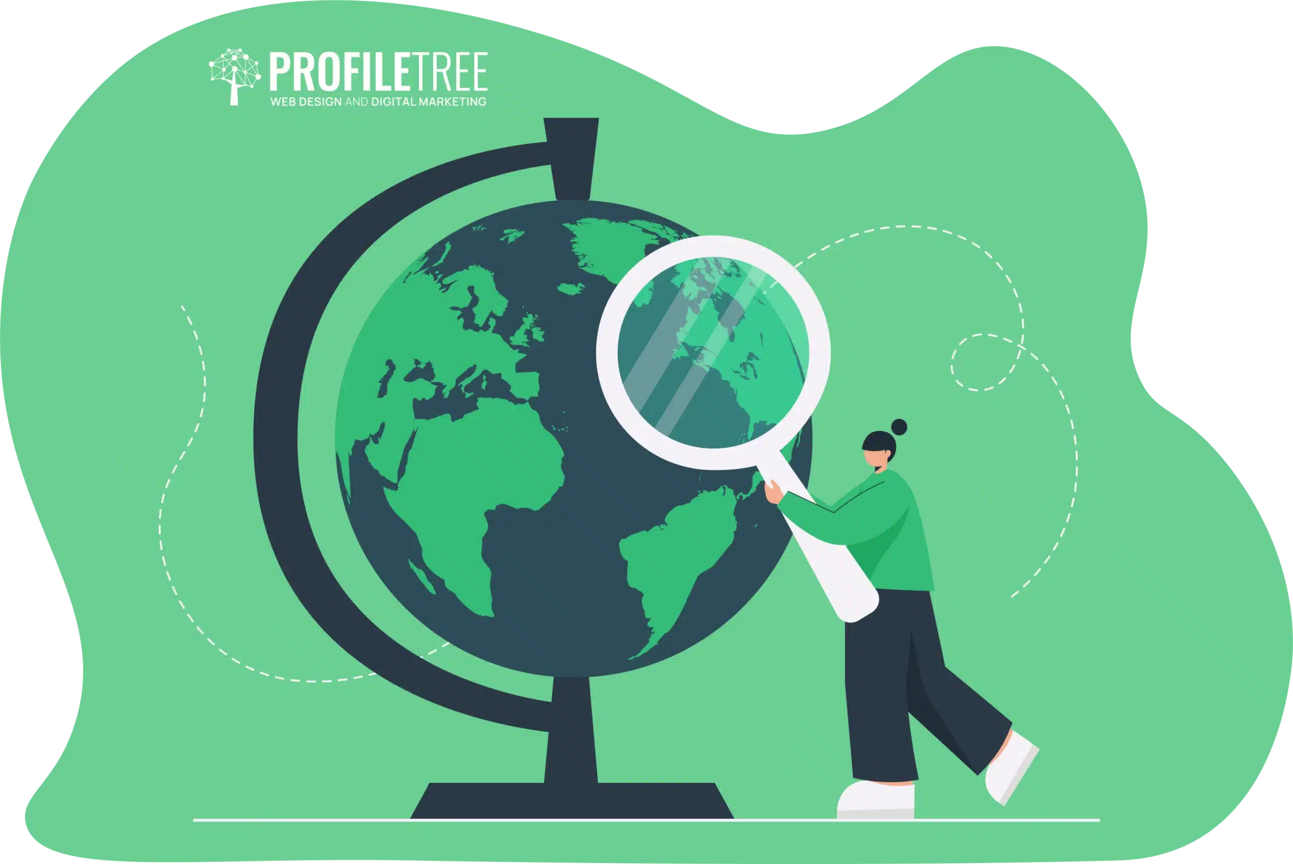 Illustration of a person using a magnifying glass on a globe, symbolizing sustainability strategy, set against a green background. In the top left corner, the "ProfileTree Web Design & Digital Marketing" logo highlights their focus on supporting SMEs in global endeavors.