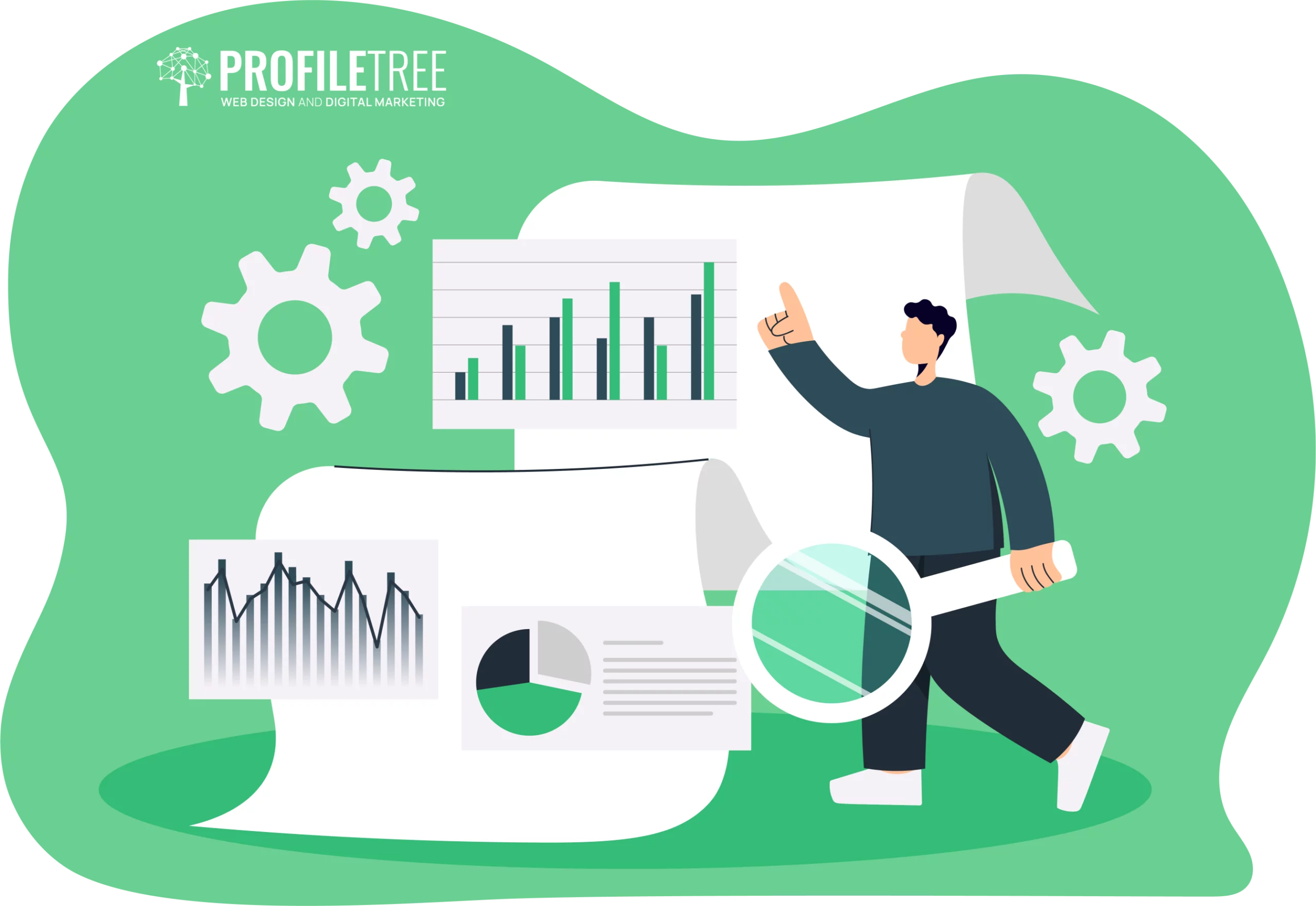 Illustration of a person analyzing charts and graphs with a magnifying glass, set against a green background with gear icons and the text "ProfileTree Web Design and Digital Marketing," emphasizing regulatory insights.