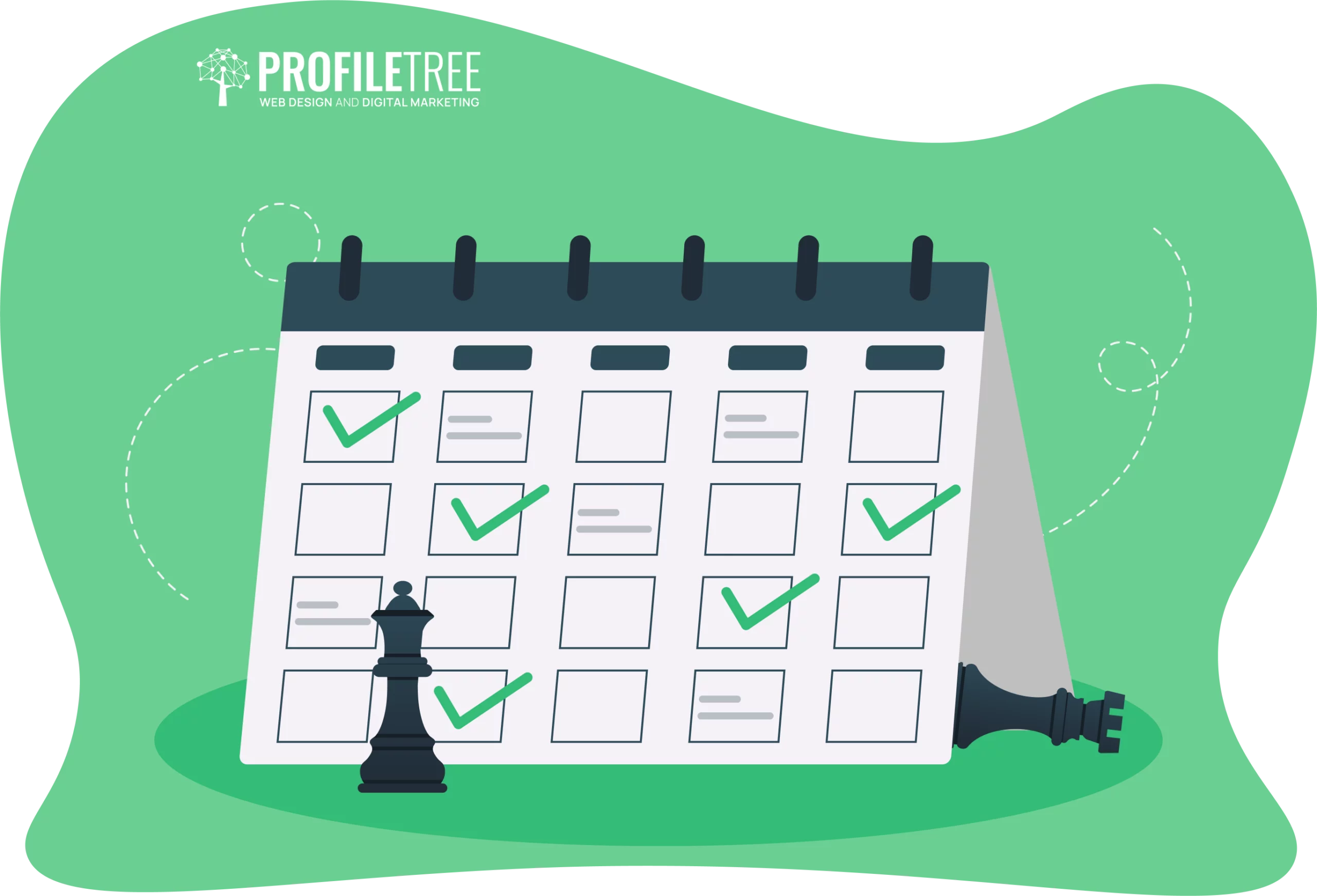 Illustration of a calendar with several green checkmarks symbolizing discipline, alongside a standing black king chess piece and a toppled black knight, representing the victorious power of motivation and discipline in achieving goals.