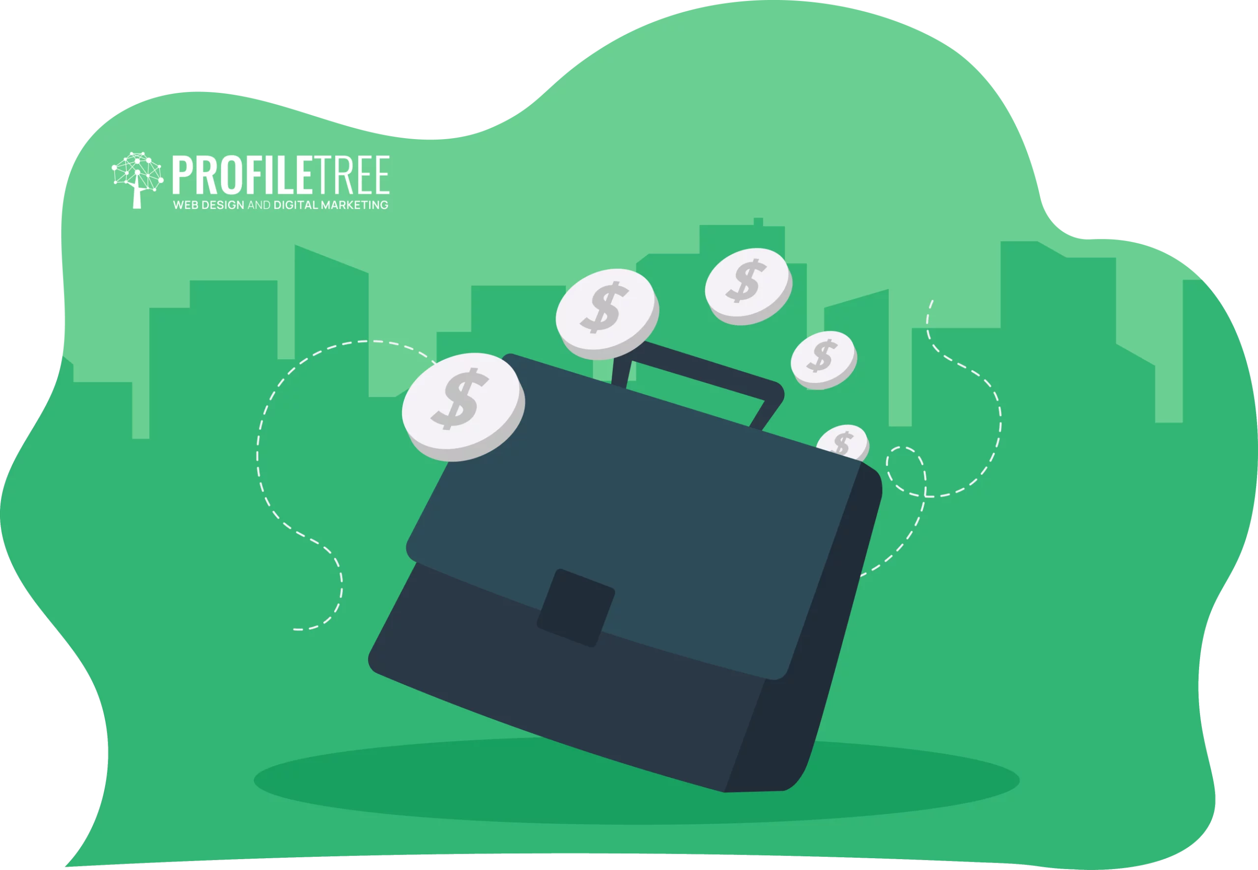 Illustration of a briefcase with dollar sign coins popping out, symbolizing business solutions to poverty, against a green cityscape background, highlighting efforts towards SDG 1.