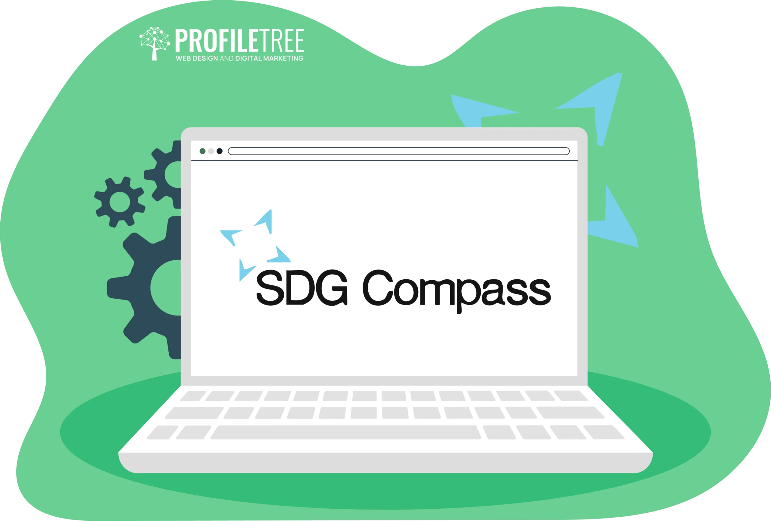 A laptop displays "SDG Compass" on its screen, emphasizing Measuring SDG Impact. In the background, gear and arrow icons subtly highlight progress. The top left corner proudly features the ProfileTree logo.