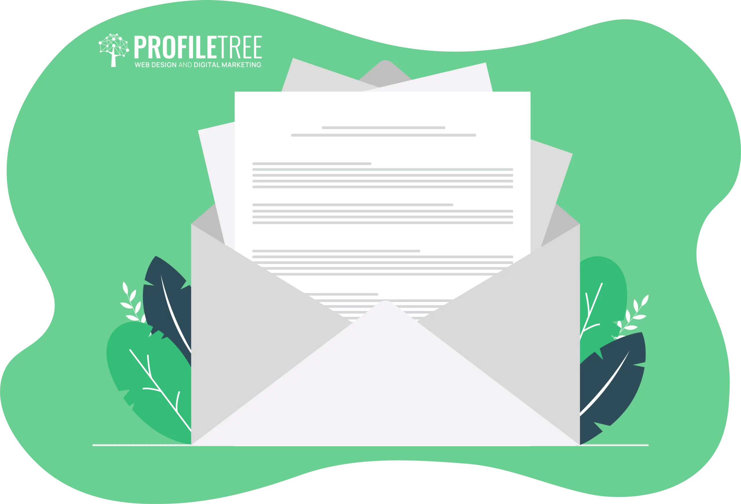 Illustration of an open envelope with documents inside, set against a green background adorned with leaf designs, reminiscent of free hotel email templates.
