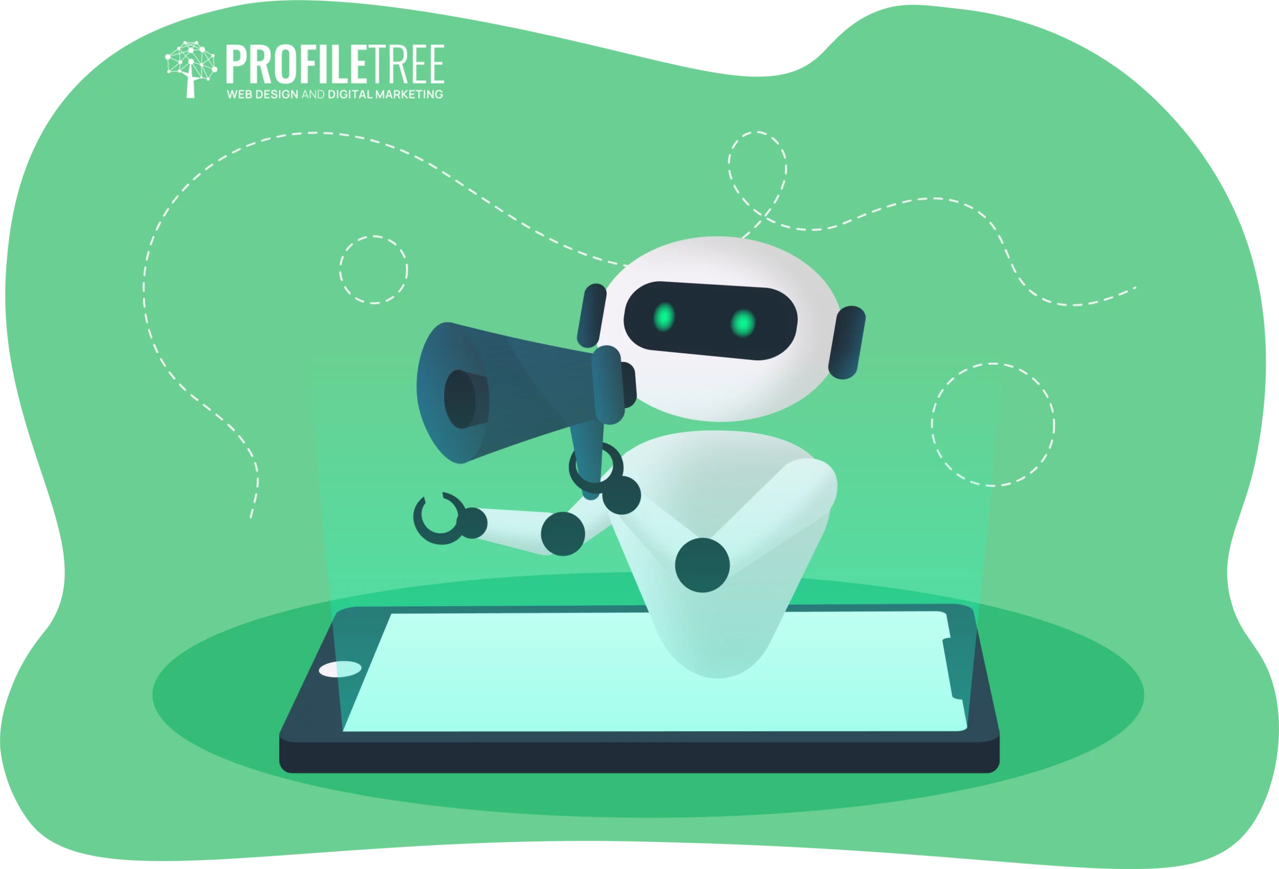 A robot with a megaphone emerges from a smartphone, set against a green background, symbolizing AI in programmatic communication. The text "PROFILE TREE" is prominently displayed in the top left corner.
