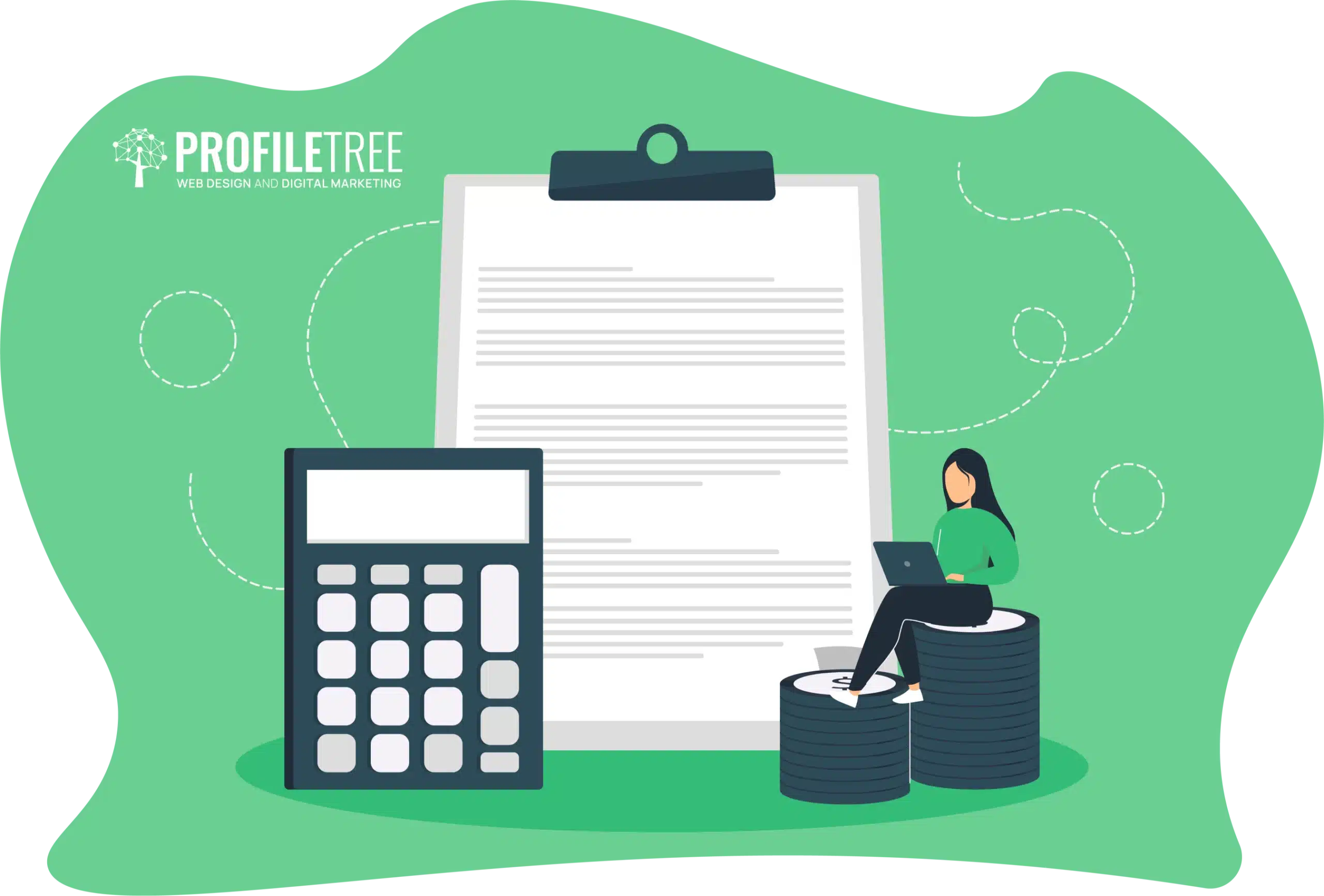 Illustration of a person sitting on coins with a laptop, embodying an investment case. They're next to a large clipboard and calculator on a green background, with "ProfileTree" text in the corner.