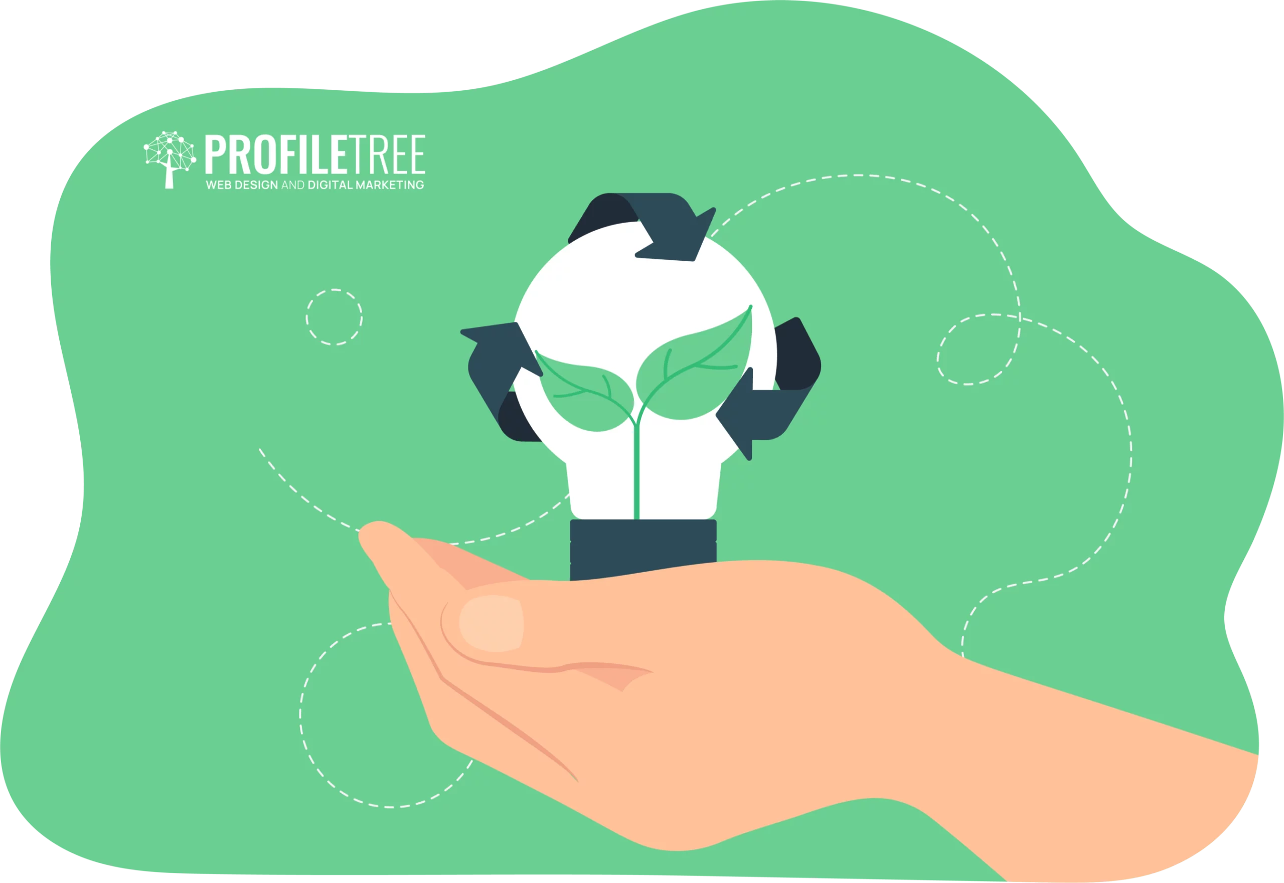 A hand holds a lightbulb adorned with green leaves and recycling arrows, symbolizing eco-friendly ideas, perfectly aligning business strategies with global sustainability goals.