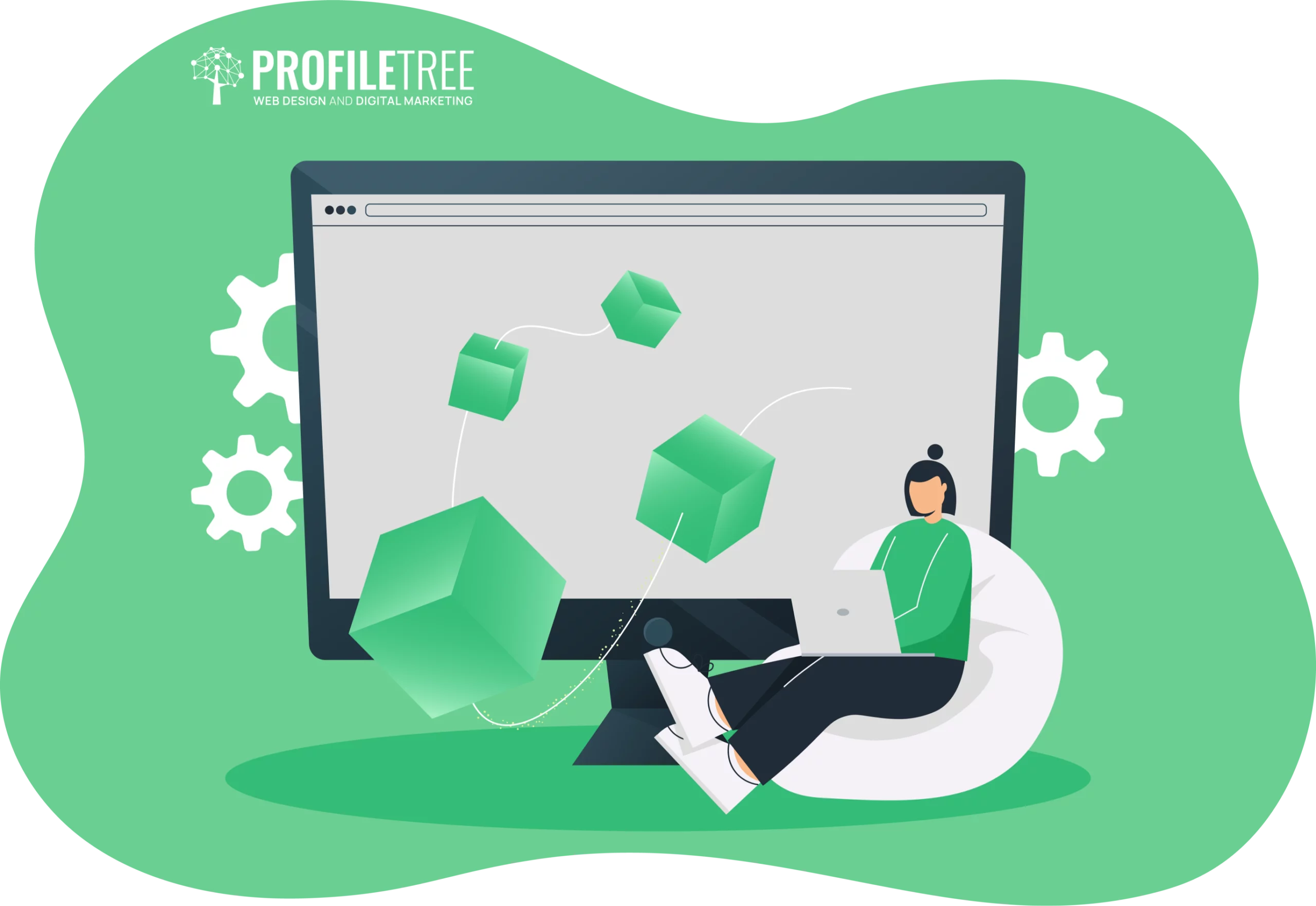 A person sits comfortably on a bean bag with a laptop, surrounded by floating green cubes. Nearby, a large computer screen displays a tree logo symbolizing the intersection of tech and SDGs, highlighting the innovative use of technology for sustainable development goals.