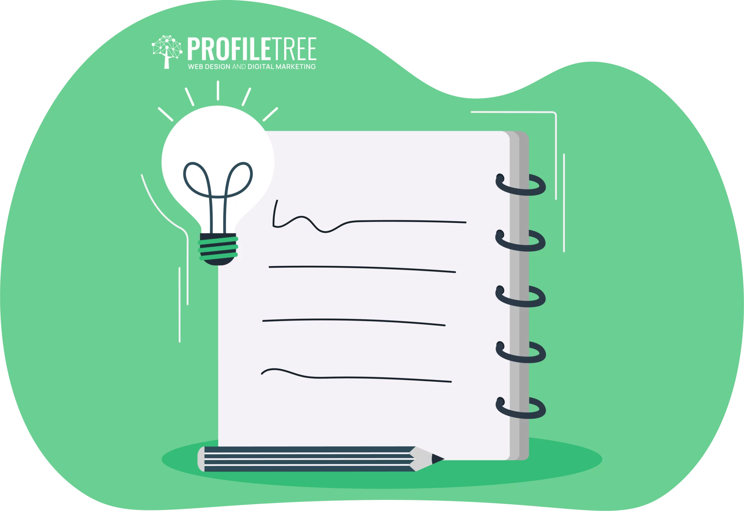 A notebook with lines and a pencil on a green background, featuring a lightbulb icon. The "ProfileTree" logo rests in the corner, inspiring thoughts about the benefits of journaling for personal growth.