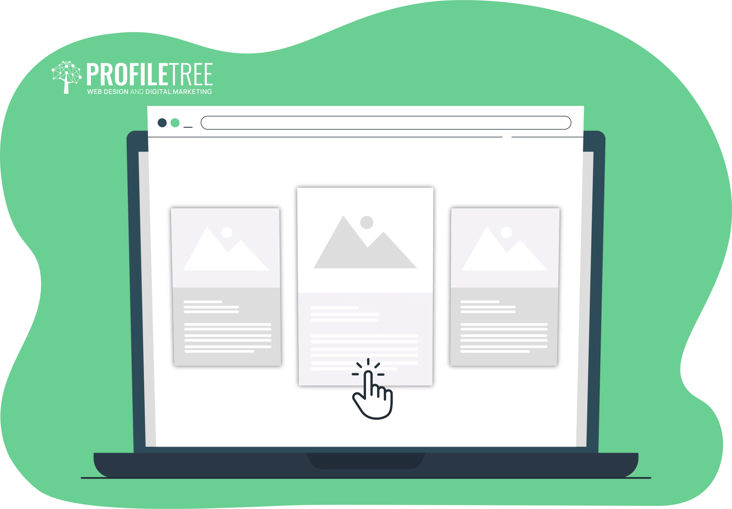 Illustration of a laptop screen displaying three web design templates, enhanced with subtle hover effects. A hand cursor points to the center template. The background is green, featuring the "ProfileTree" logo at the top left.