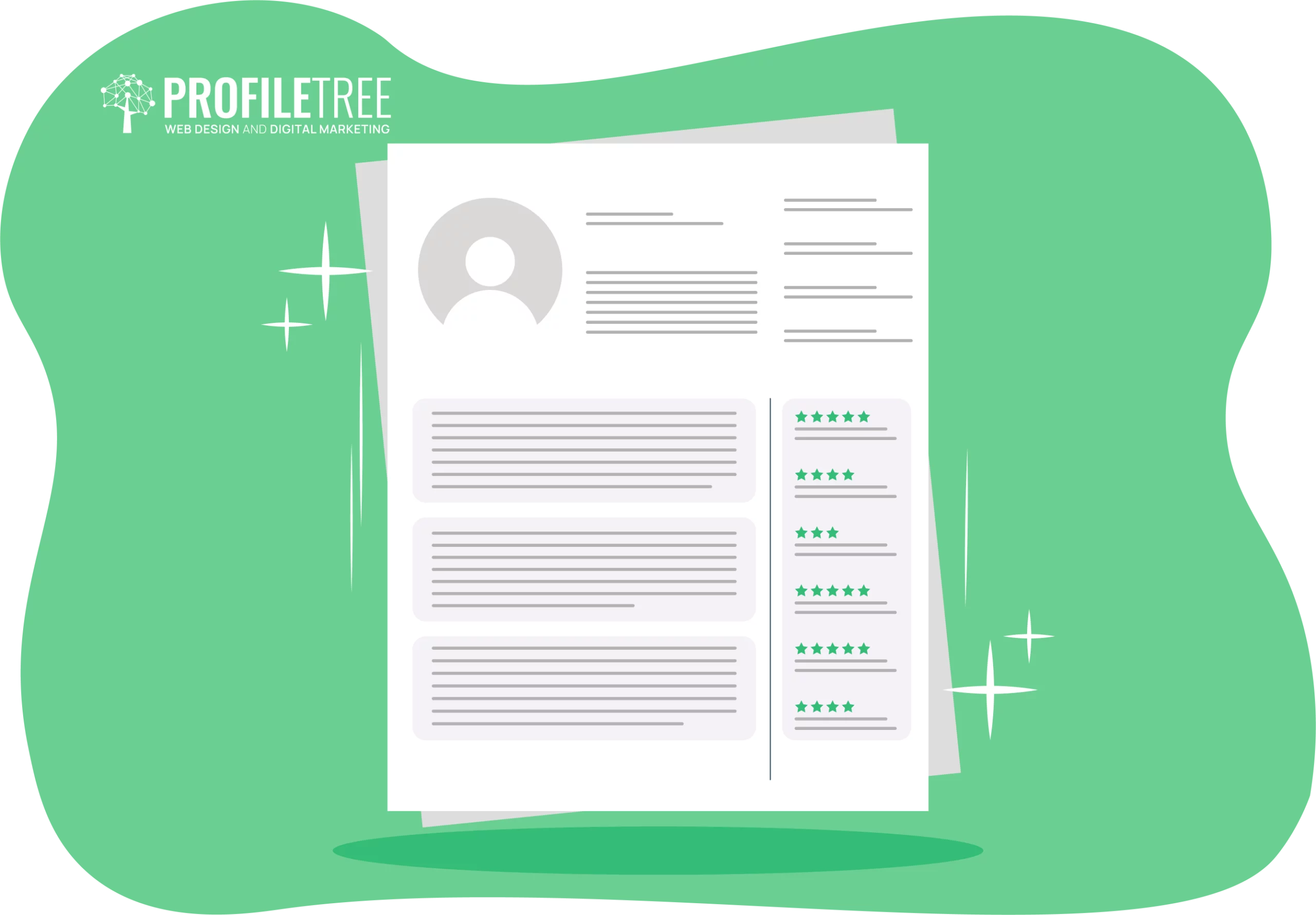 Illustration of a resume layout on a green background featuring the "Profile Tree" logo. The design beautifully integrates sections for personal details, skills, experience, and even micro bios for concise storytelling.