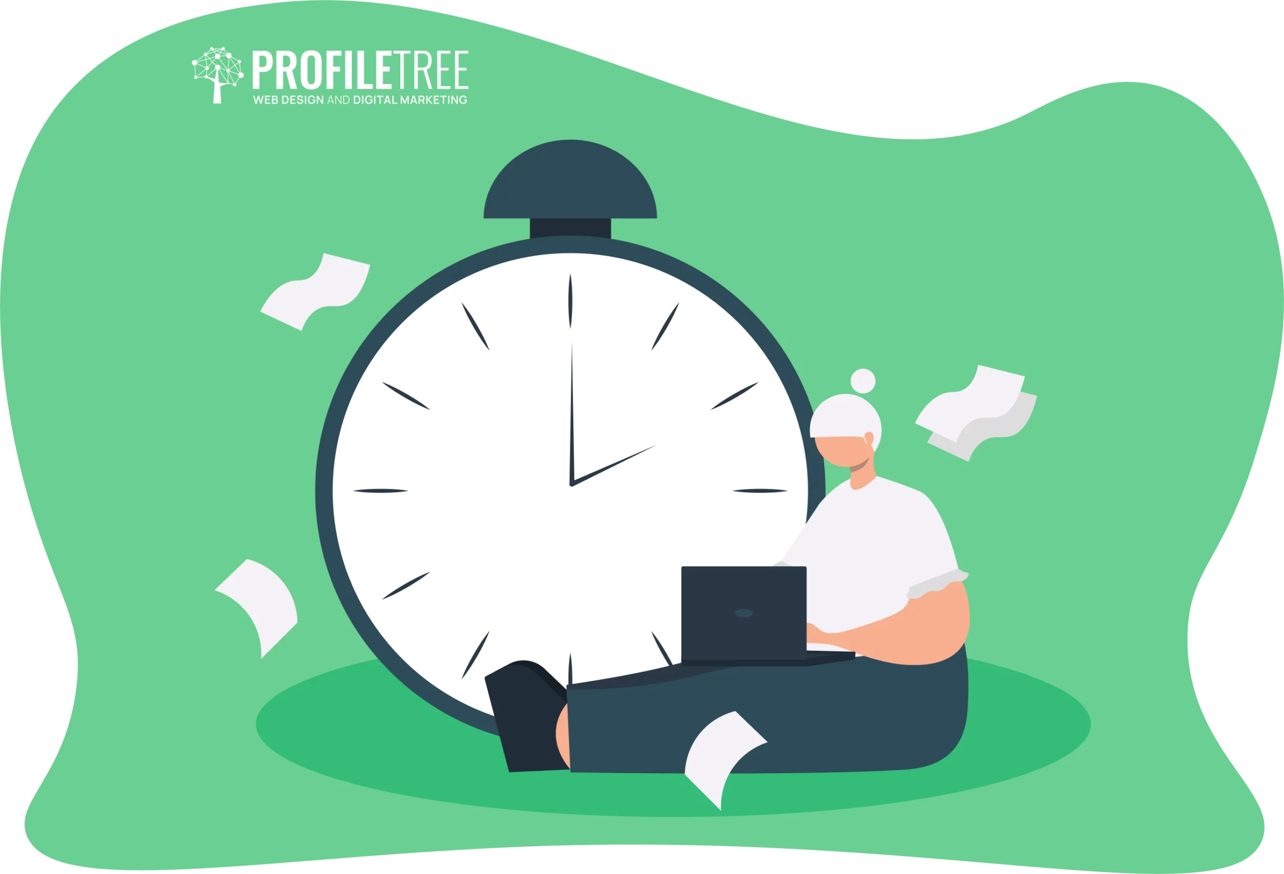 Illustration of a person sitting with a laptop beside a large clock, embodying discipline and time management. Floating papers scatter across the green background, symbolizing motivation in juggling tasks efficiently.