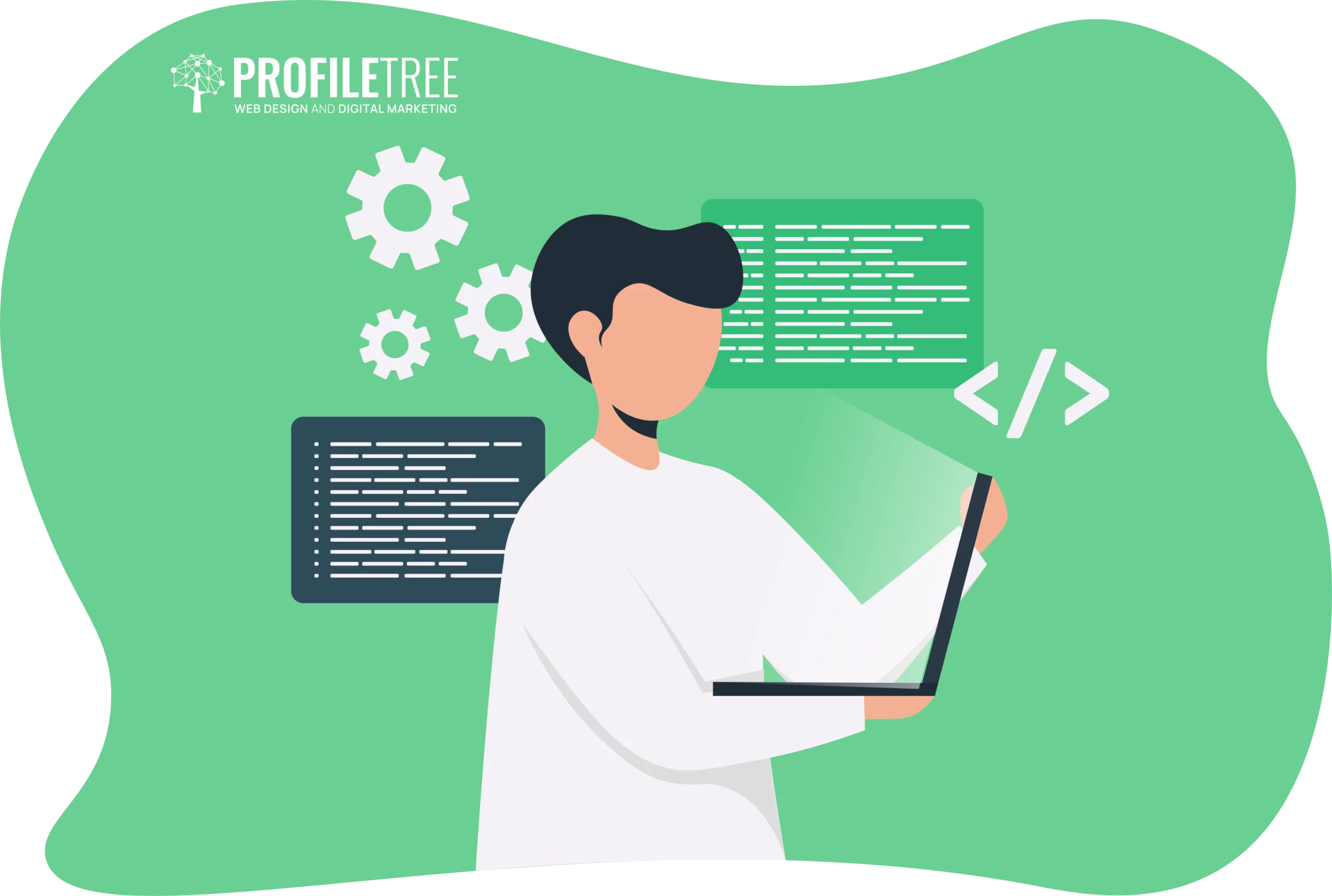 An illustration of a person using a laptop, surrounded by code windows and gears on a green background, beautifully captures the essence of web development and digital marketing.