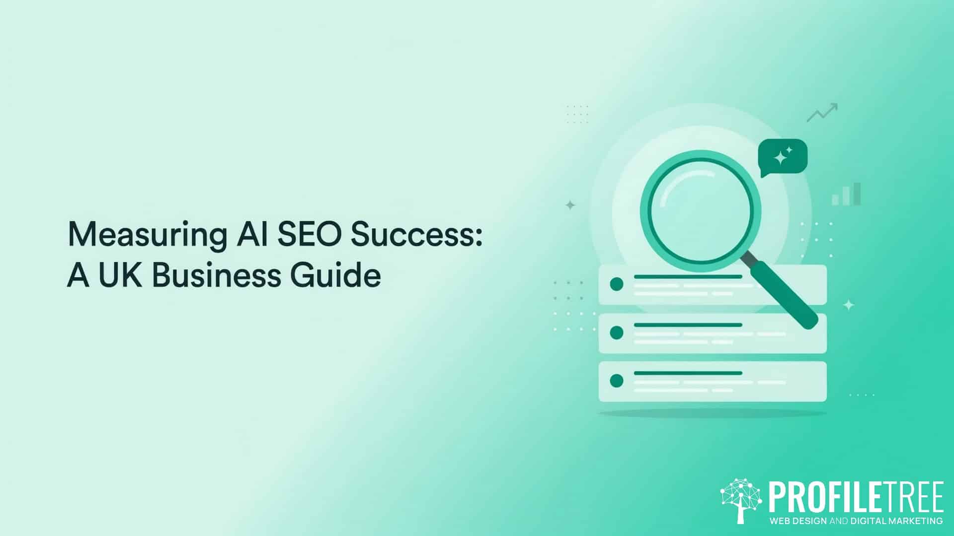 Measuring AI SEO Performance Success, A UK Business Guide. Illustration with a magnifying glass over stacked documents, text reads Measuring AI SEO Performance: A UK Business Guide, with the ProfileTree logo in the bottom right corner.