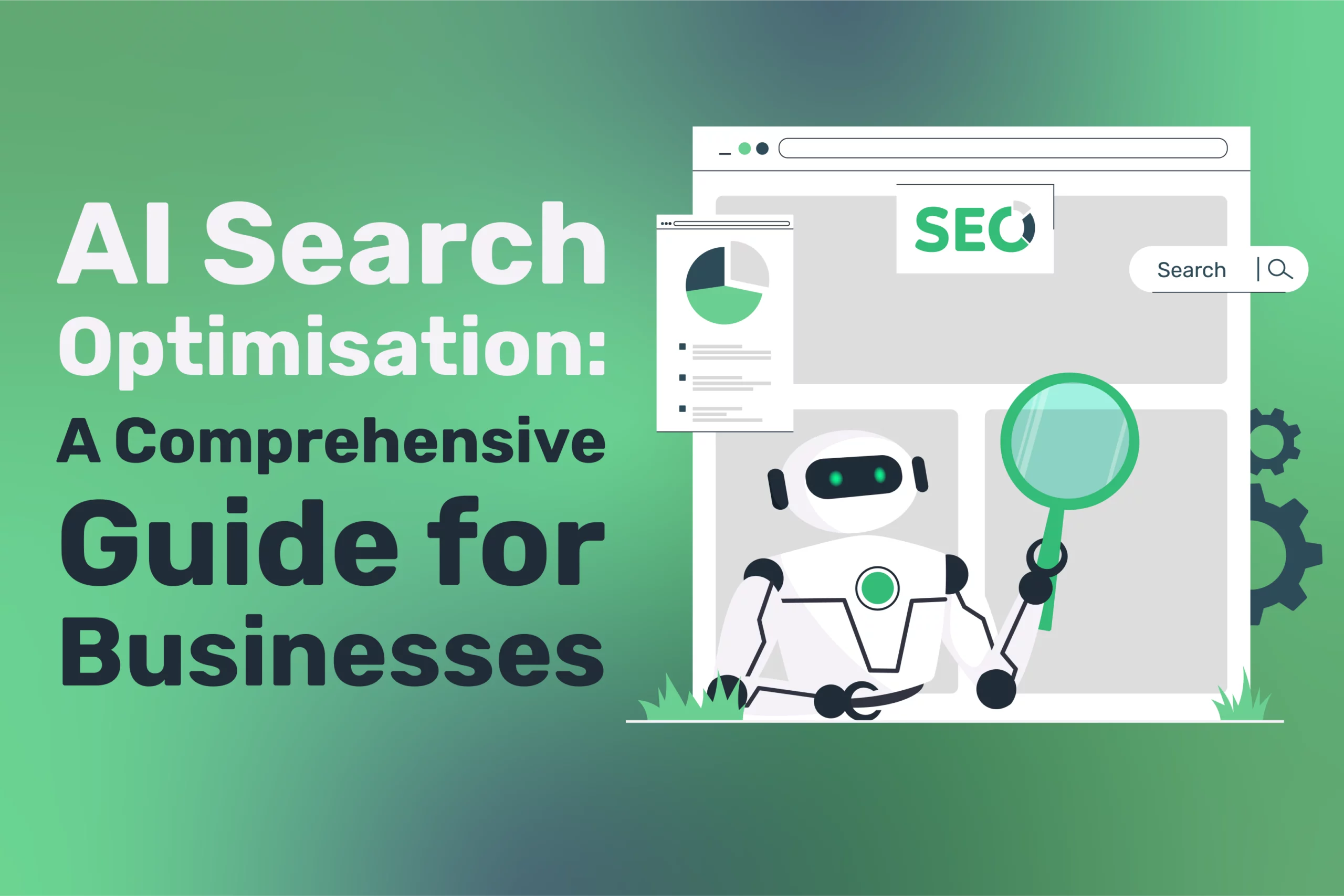 Illustration of an AI robot holding a magnifying glass next to a large browser window labeled "SEO," with text: "AI-Powered Search Optimisation: A Comprehensive Guide for Businesses.