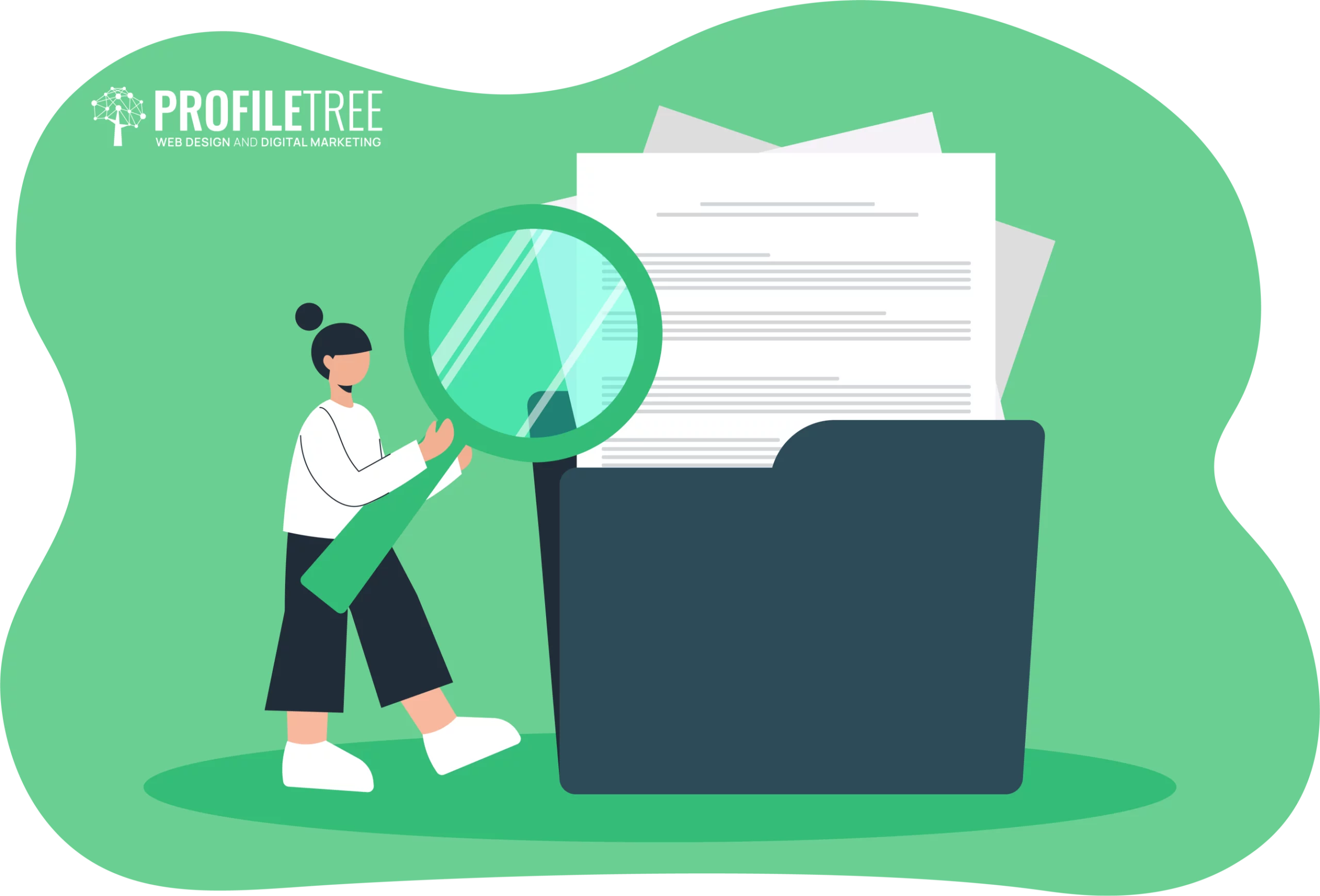 A person examines documents with a large magnifying glass next to an open folder, ensuring marketing compliance. The image features a green background with the "ProfileTree" logo.