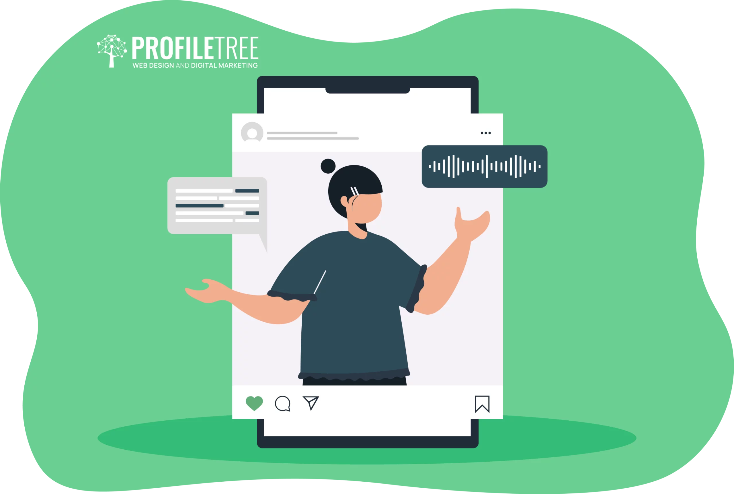 An illustration showcases a Gen Z individual in a social media post frame, wearing earphones. Speech bubbles hover, hinting at a post-verbal consumer world. The green backdrop features "ProfileTree" branding in the corner.