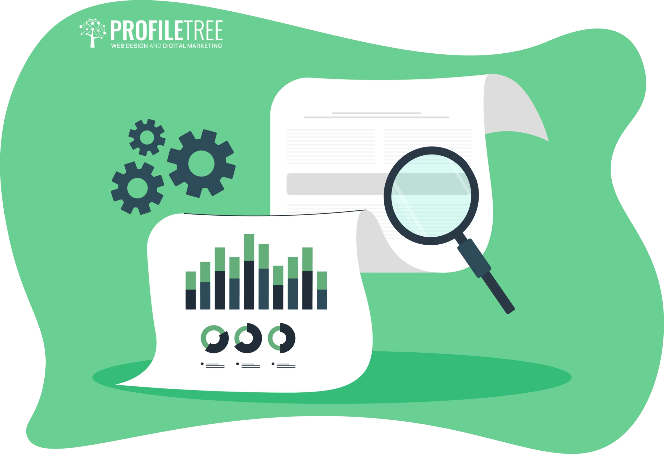 Illustration of analytics: a bar graph and pie charts on paper, a magnifying glass over a document, and three gears, all against a green background with "ProfileTree" logo. Vital statistics in business play an essential role in decision-making processes.