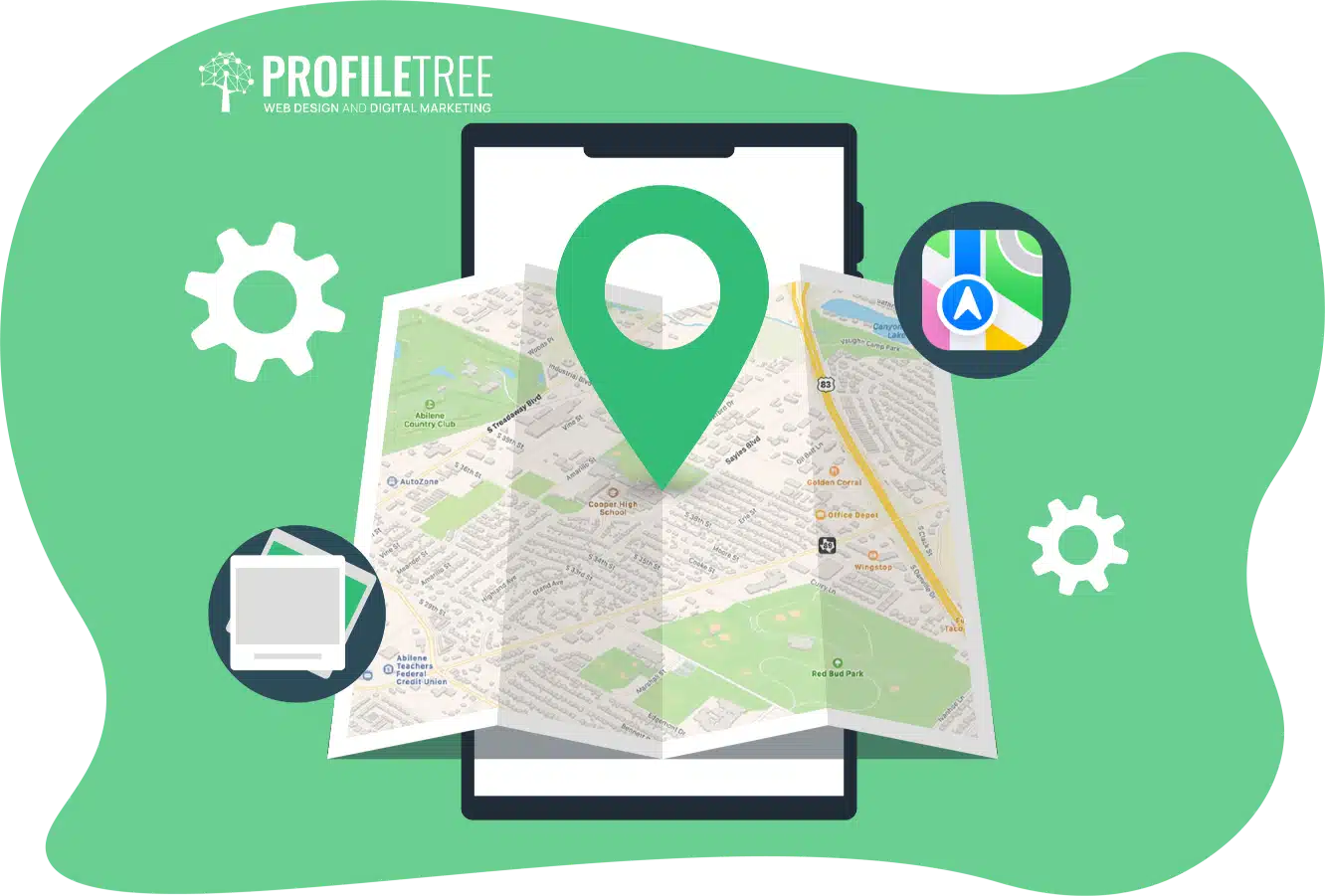 Illustration of a smartphone displaying a map with a green location pin, surrounded by digital marketing icons like gears and a map symbol, highlighting the essence of local business marketing in Ireland.