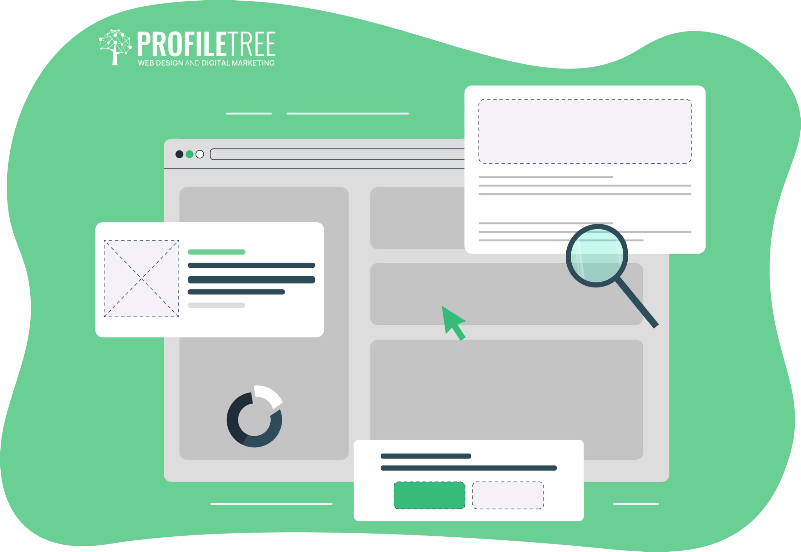 Graphic of a website interface design featuring text boxes, a magnifying glass, and a cursor on a green background. With user experience at its core, the product branding and UX design elements are clearly visible, highlighting better form design.