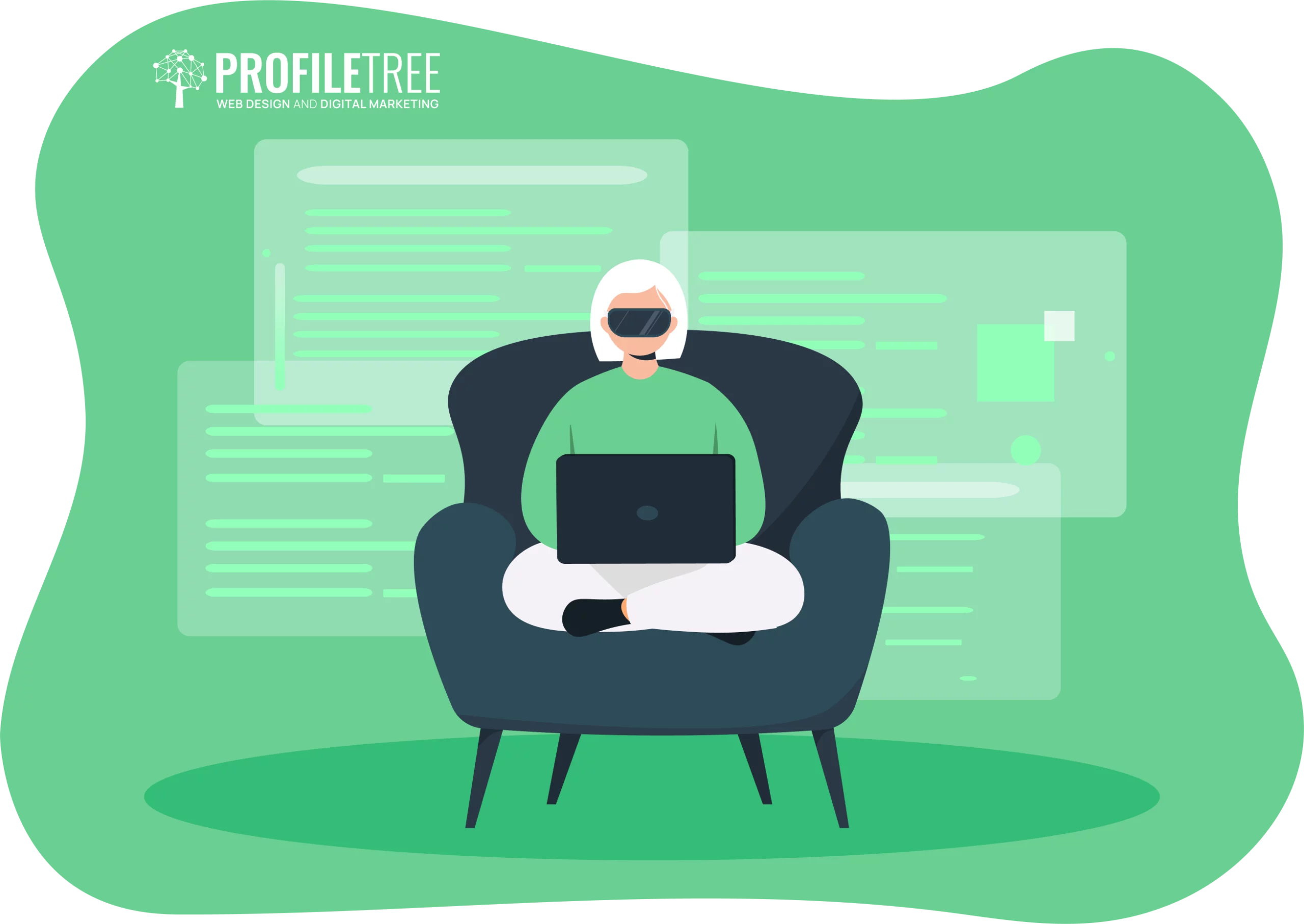A person with white hair sits on a chair, using a laptop. Green abstract shapes and text surround them, reflecting immersive virtual reality training experiences. The "ProfileTree" logo is in the top left corner.
