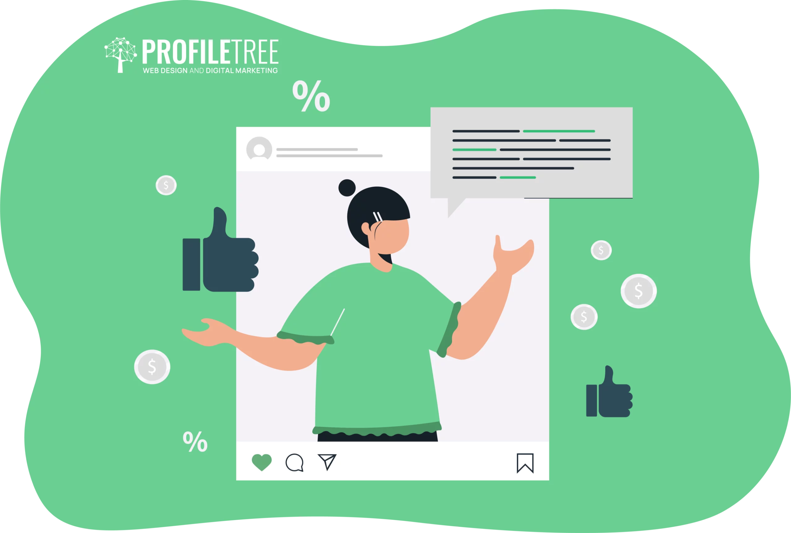 Illustration of a person in a social media post frame with thumbs-up icons, percentage signs, and floating currency symbols on a green background, capturing the essence of Gen Z's short-form video culture.