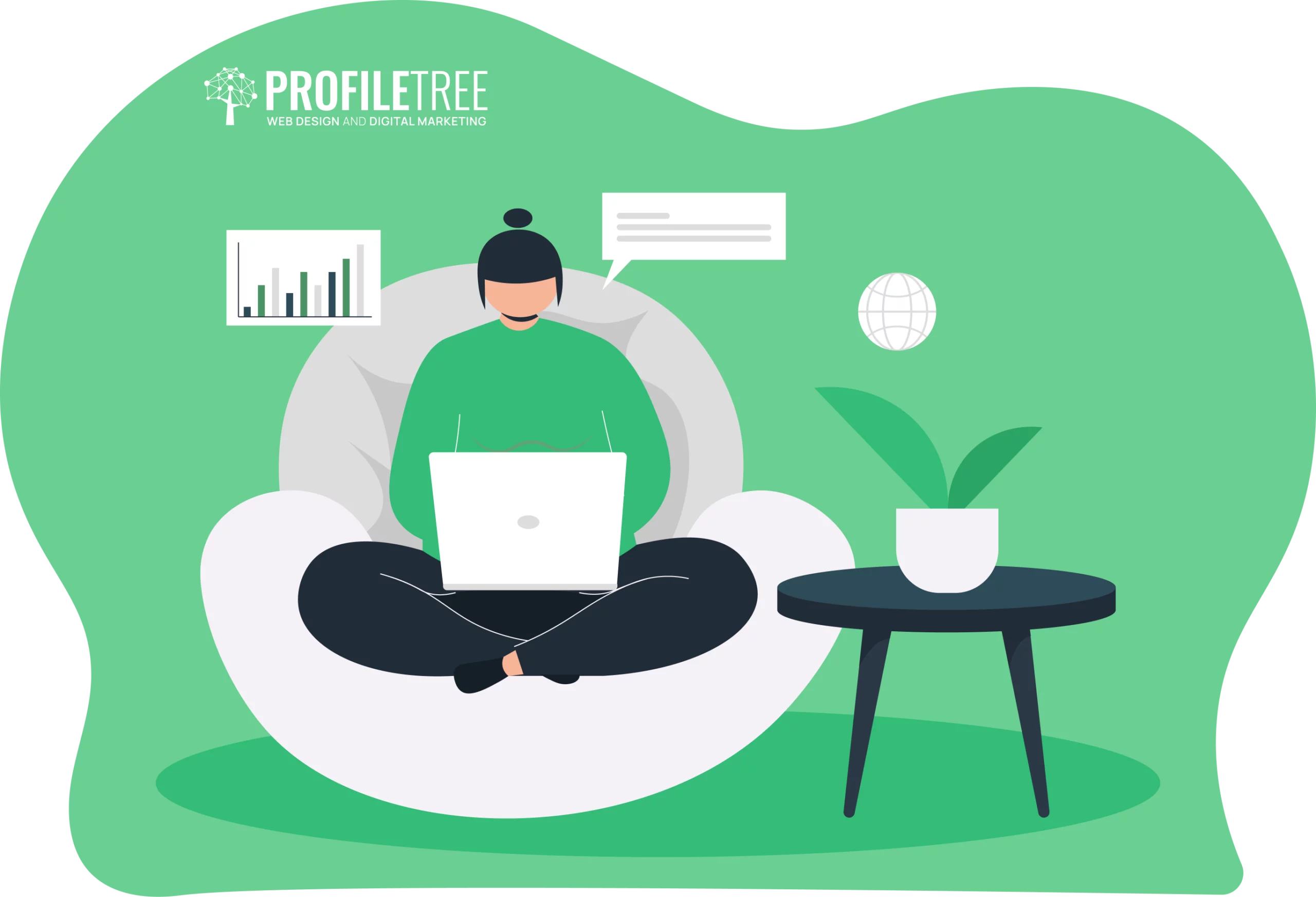 Illustration of a person sitting cross-legged on a bean bag, using a laptop. A bar chart and globe adorn the background, symbolizing their growing professional reputation, while a potted plant rests on a nearby table, adding to the serene yet focused atmosphere.