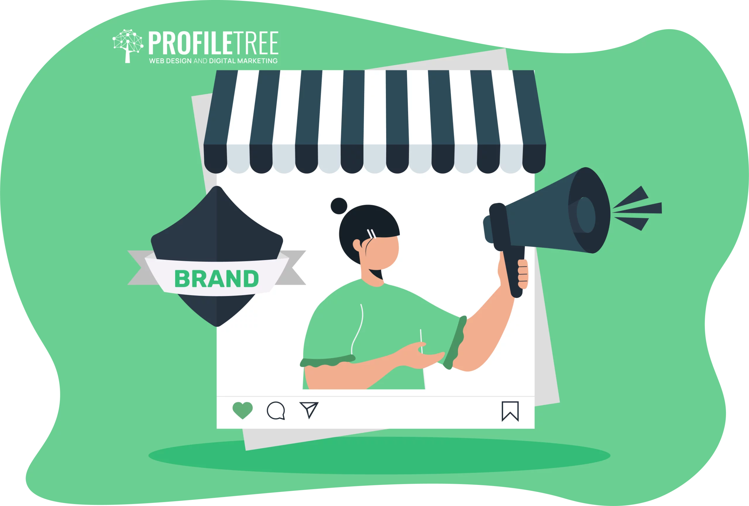 Illustration of a person holding a megaphone with a "Brand" label, inside a social media post frame, set against a green background and canopy design. Perfect for showcasing Digital Branding Ireland's innovative approach.