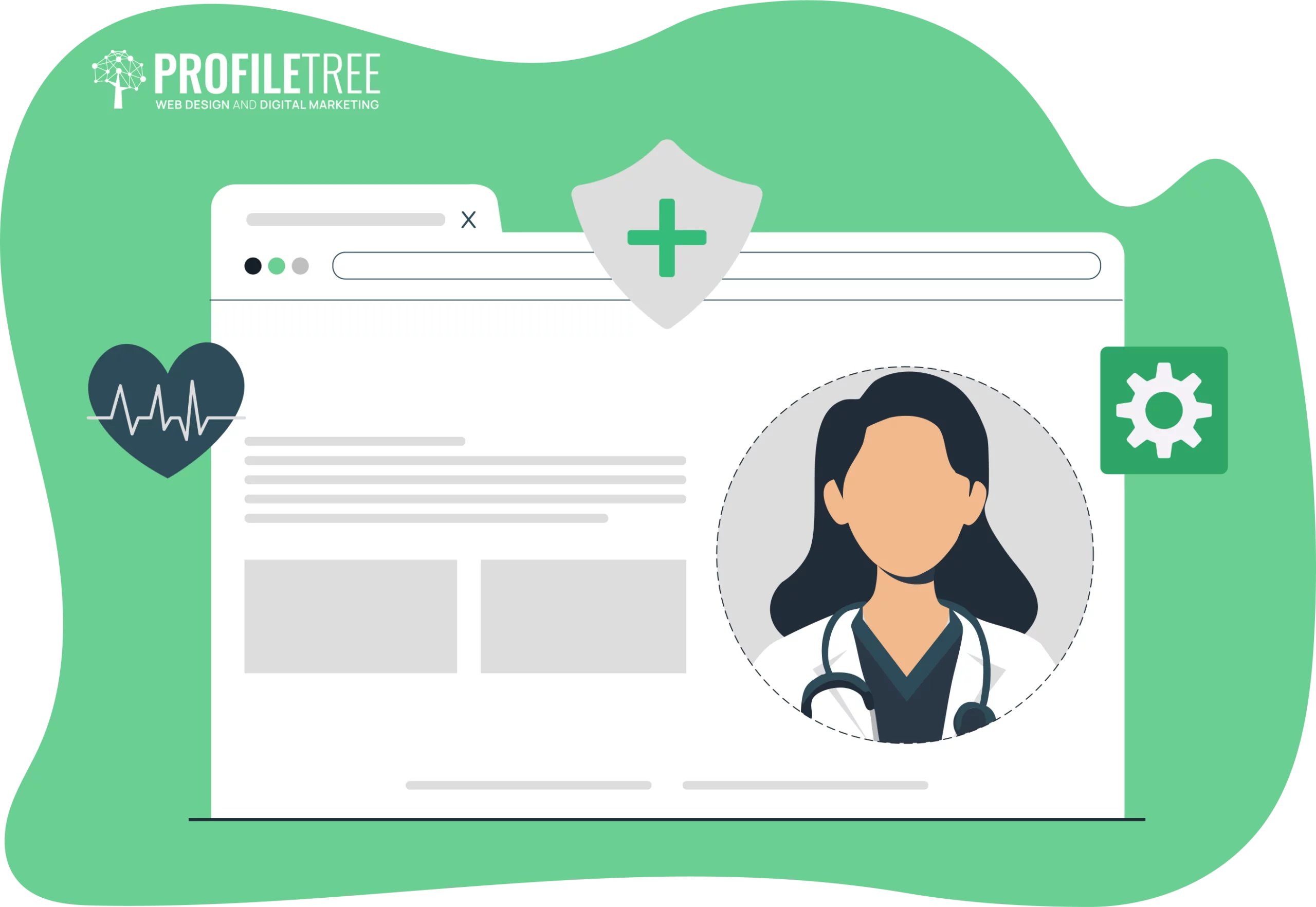 Illustration of a medical website interface, featuring a female doctor icon, health symbols, and a settings gear. With its green background and "ProfileTree" logo, this design subtly highlights the role of digital marketing for healthcare advancements.