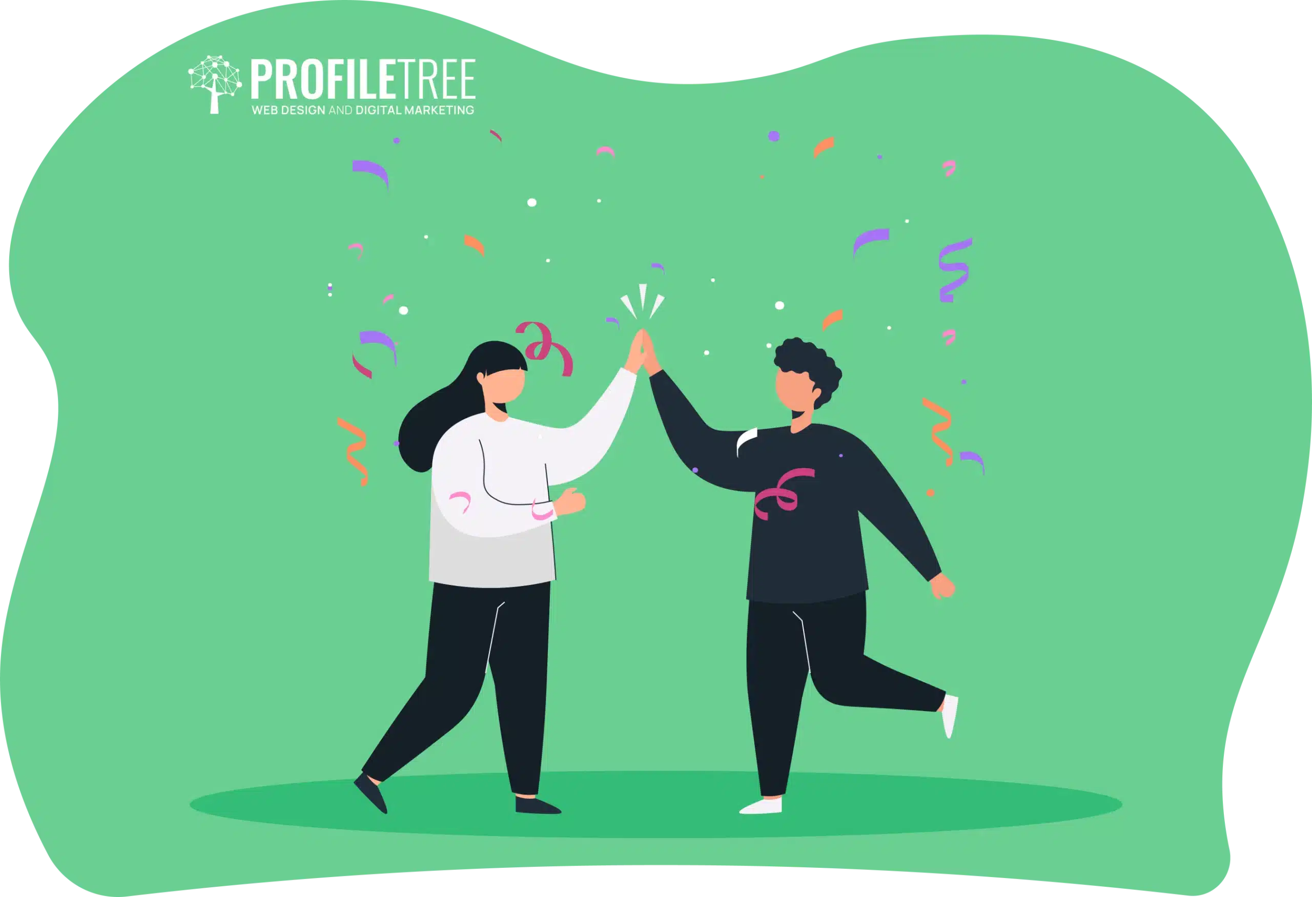 Two people give a high-five amid a shower of colorful confetti, set against a vibrant green background. Their joyous expression builds confidence and celebrates shared success.